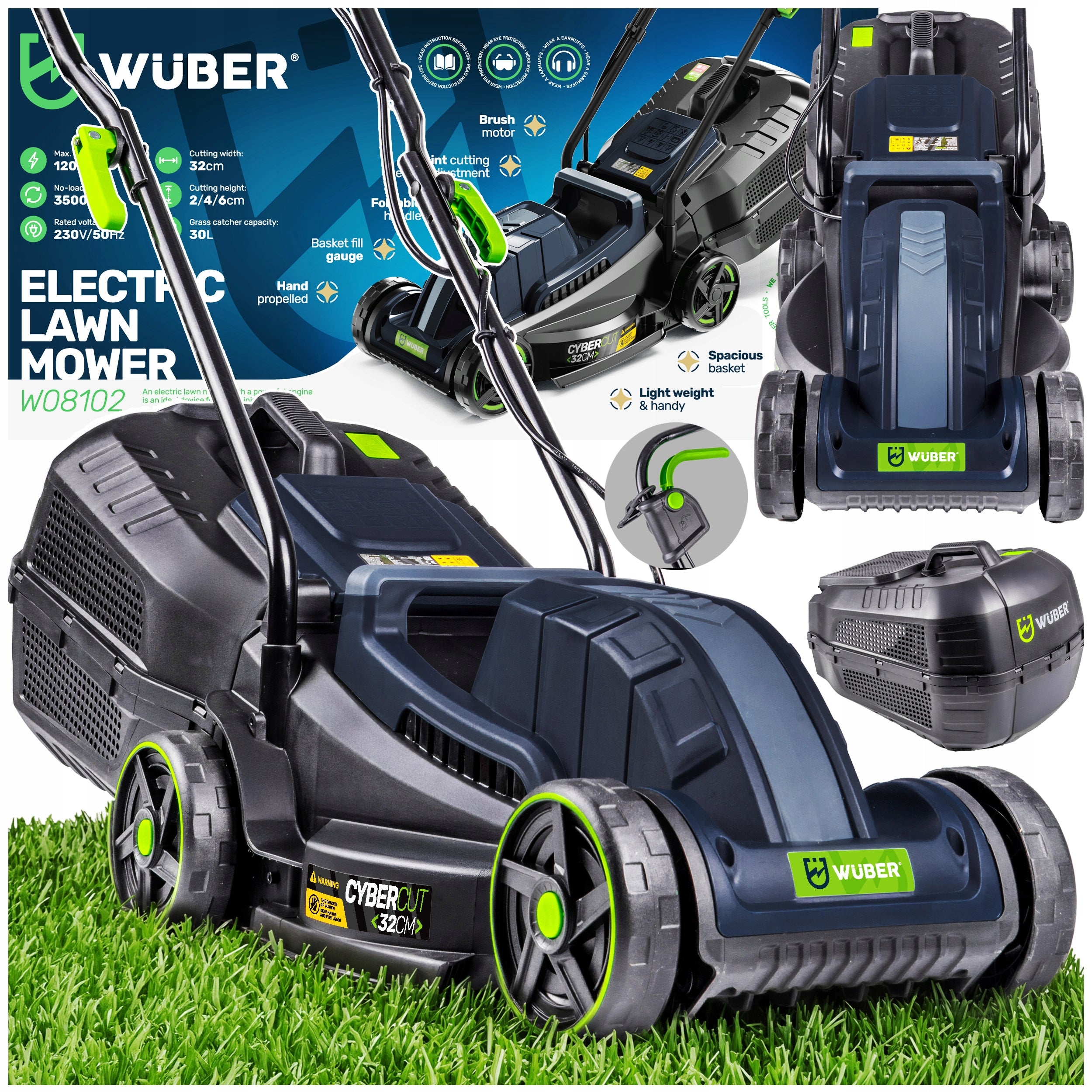 ELECTRIC LAWN MOWER WITH ADJUSTABLE 20-60MM FOR GRASS LIGHT STRONG 30L-BASKET 32CM