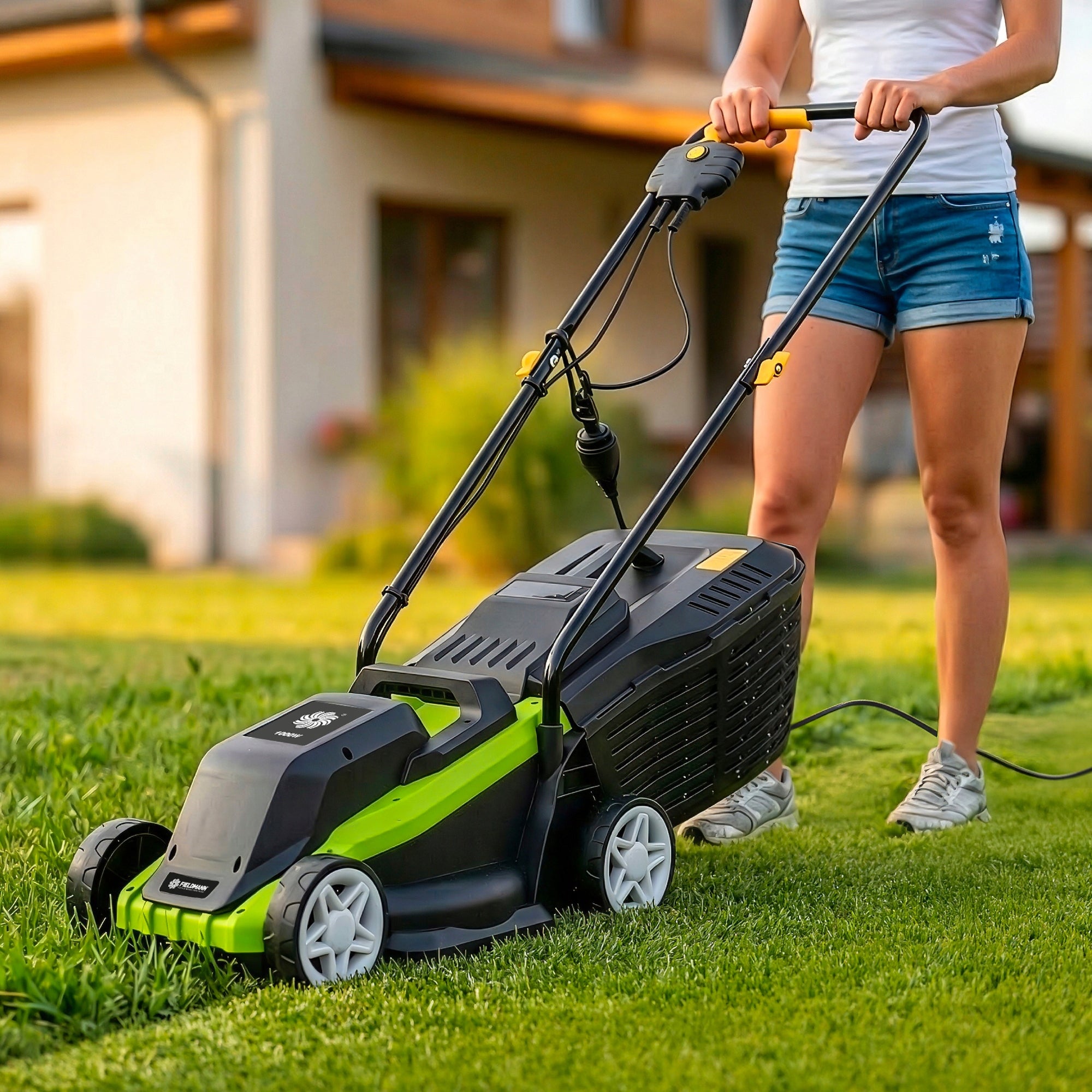 ELECTRIC MOWER LIGHT STRONG FOR GRASS BASKET 30L ADJUSTABLE FIELDMANN Mowing height adjustment with adjustment