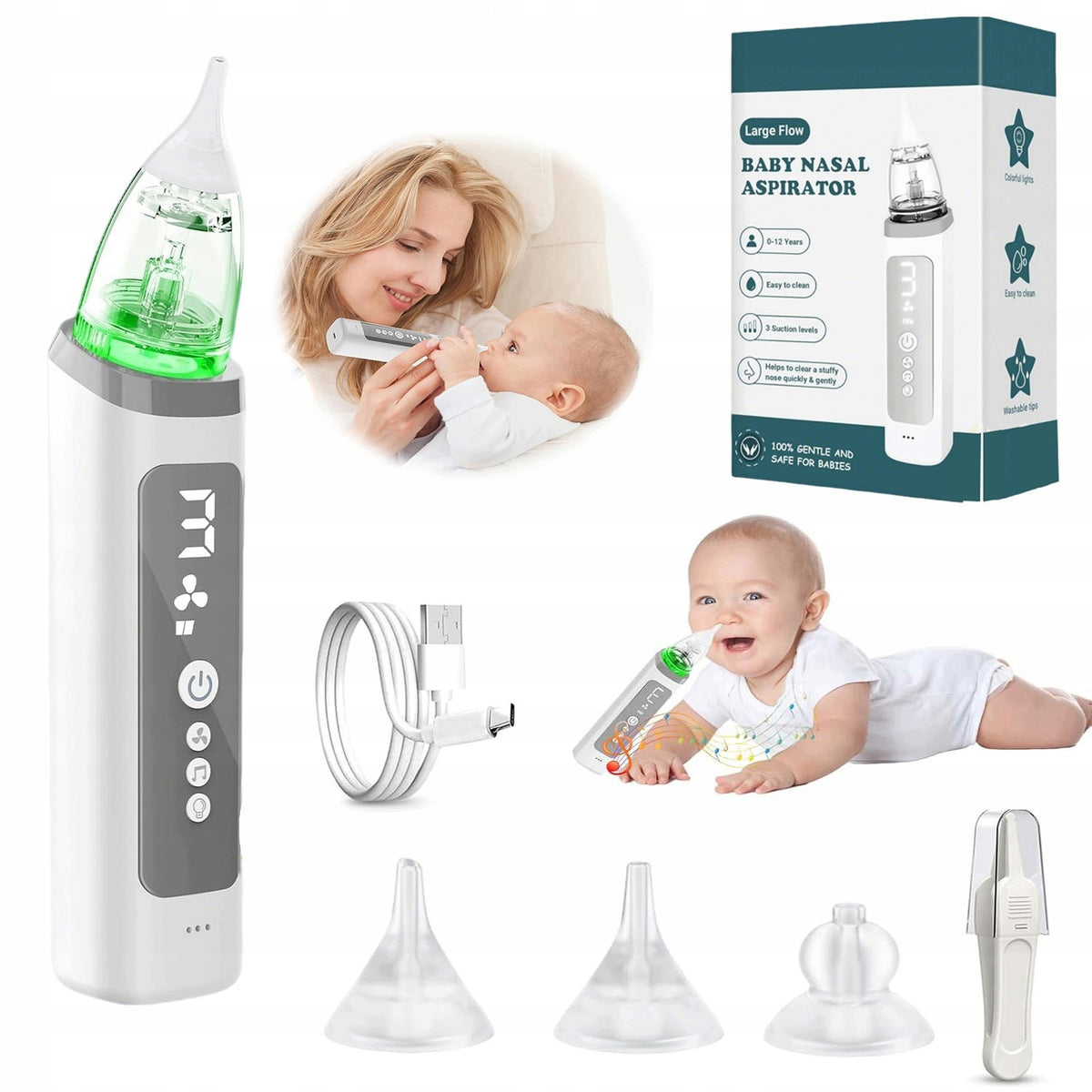ELECTRIC NASAL ASPIRATOR FOR BABIES WITH ADJUSTABLE POWER AND TIPS