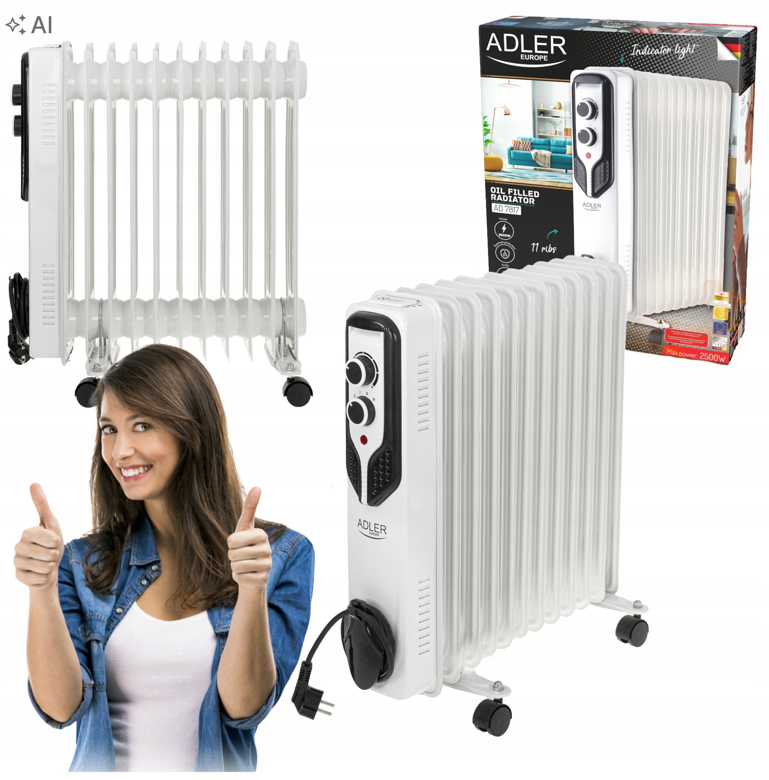 ELECTRIC OIL HEATER 2500W OILER 11 RIBS ON WHEELS THERMOSTAT