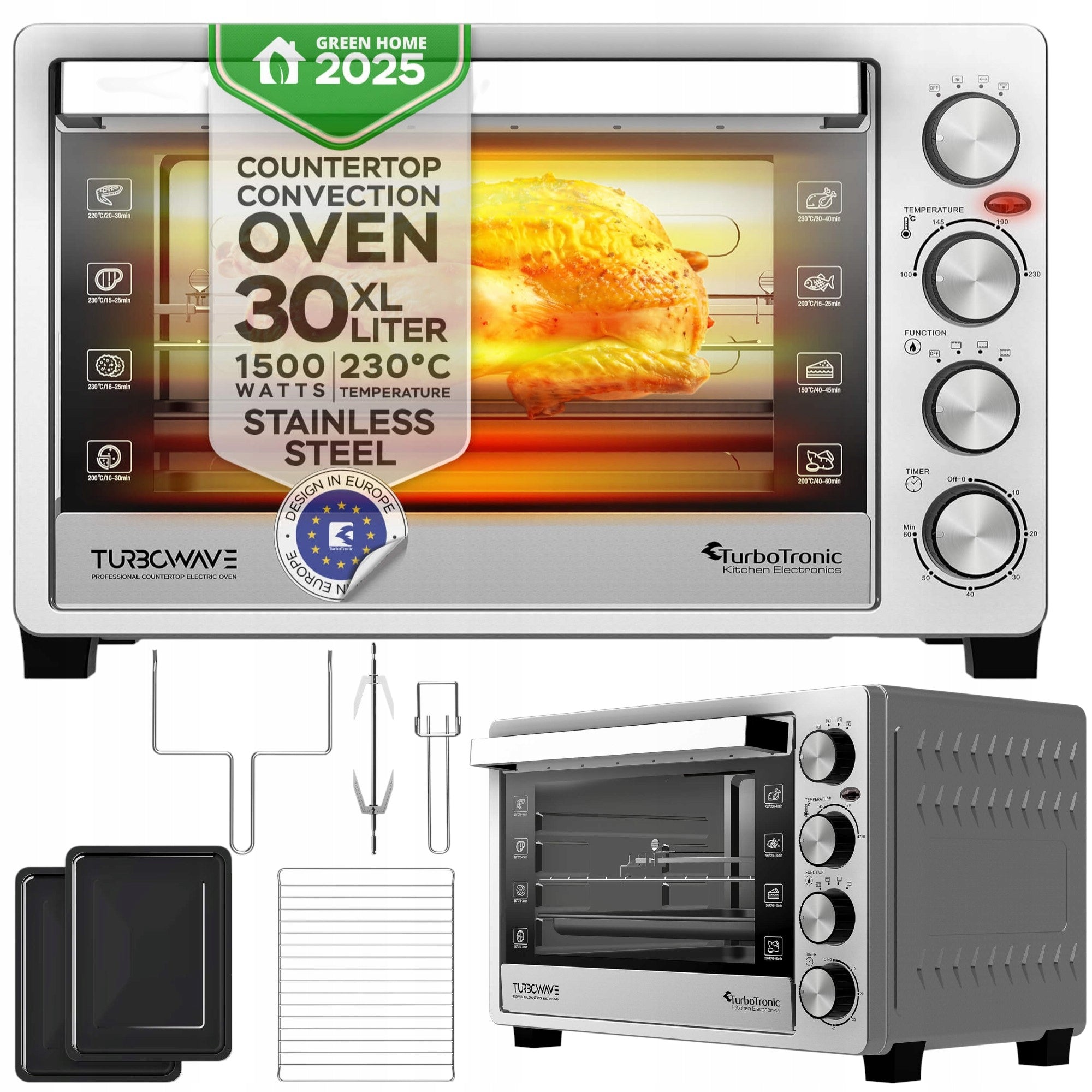 ELECTRIC OVEN 30L THERMOCOUPLE+HORN+GRILL 1500W INOX STAINLESS STEEL