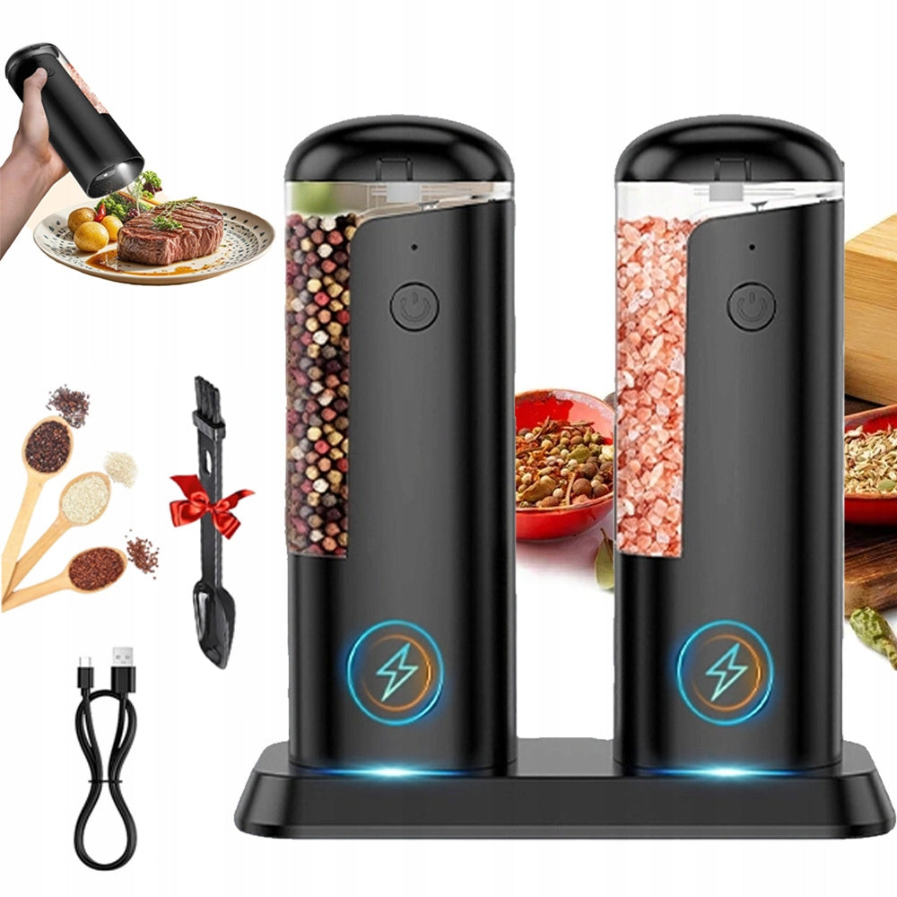 ELECTRIC PEPPER AND SALT GRINDER SET OF 2 USB RECHARGEABLE STAND