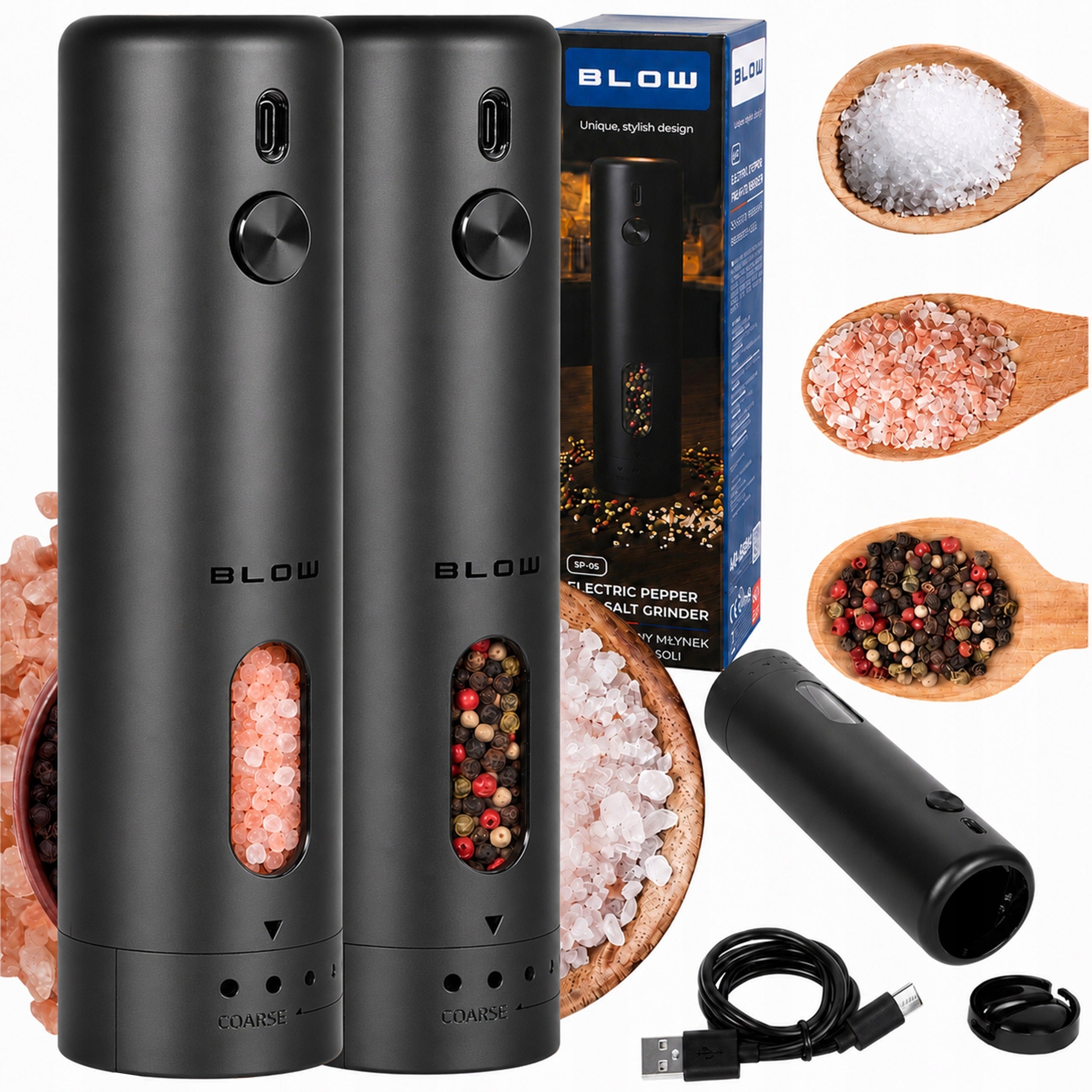 ELECTRIC PEPPER AND SPICE SALT GRINDER CORDLESS USB ADJUSTMENT