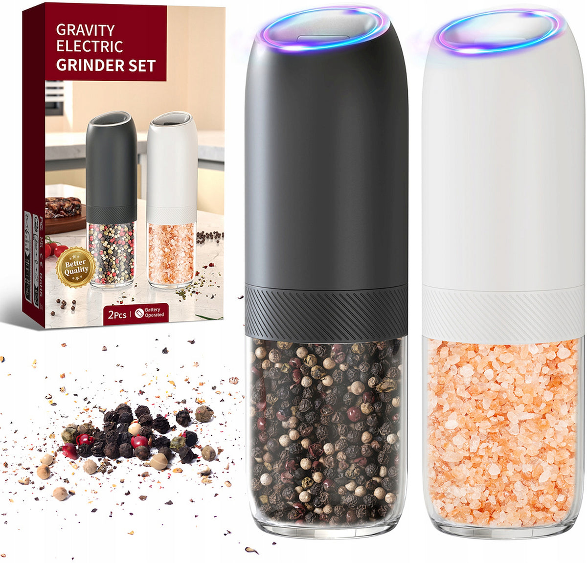 ELECTRIC PEPPER SALT GRINDER 2pcs GRAVITY + LED backlight