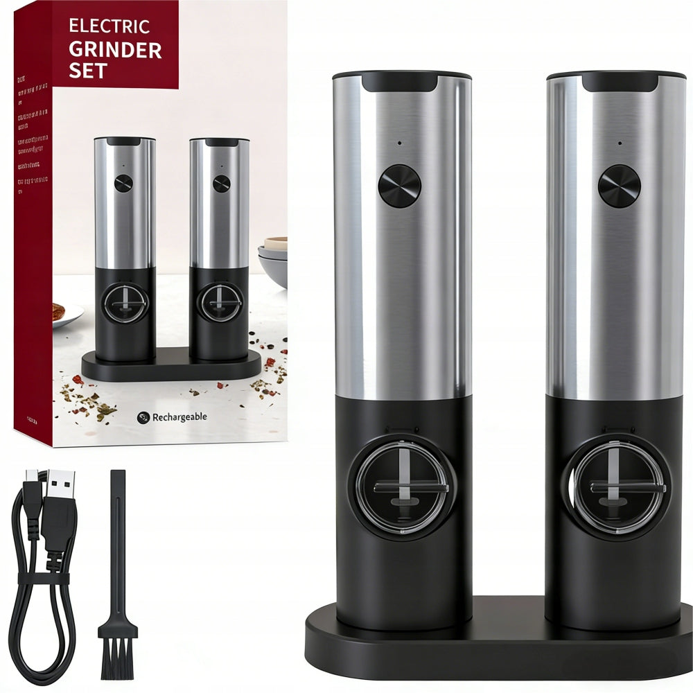 ELECTRIC PEPPER SALT GRINDER BLACK RECHARGEABLE BATTERY WITH USB SET OF 2