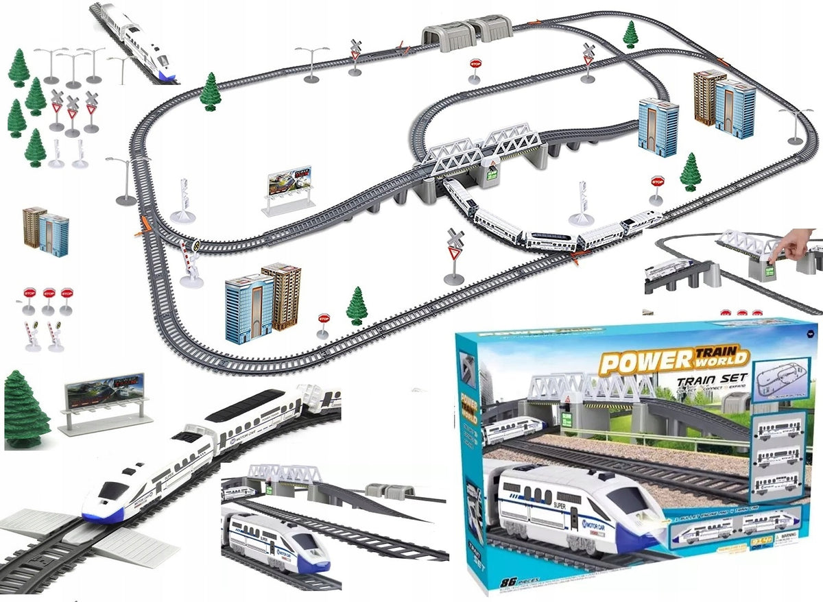 ELECTRIC RAILWAY TRAIN LOCOMOTIVE LARGE TRACK BUILDINGS SIGNS BRIDGE 9m