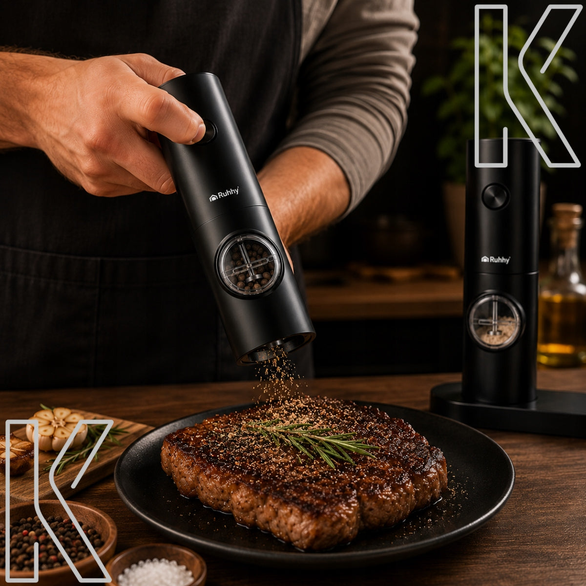ELECTRIC SALT AND PEPPER GRINDER SPICES ADJUSTABLE STAND SET x2 Manufacturer code MŁYNKI ELEKTRYCZNE CZARNE Z REGULACJĄ