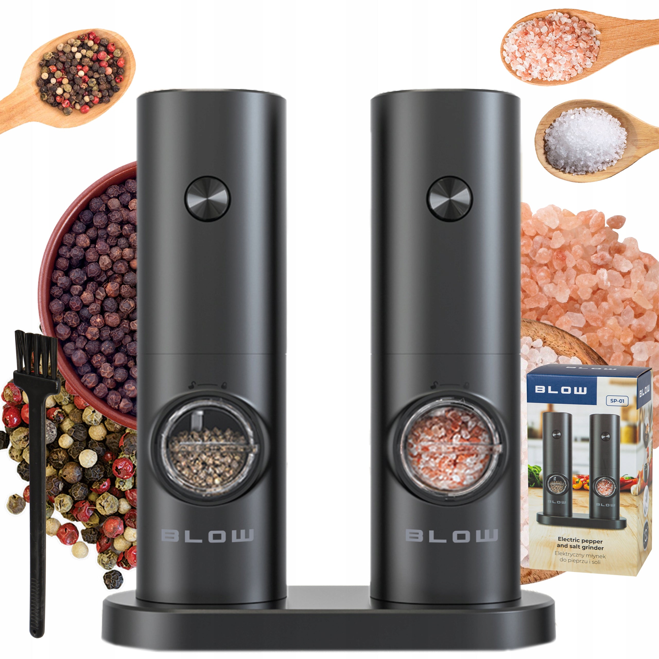 ELECTRIC SALT AND PEPPER GRINDER SPICES ADJUSTABLE STAND SET x2
