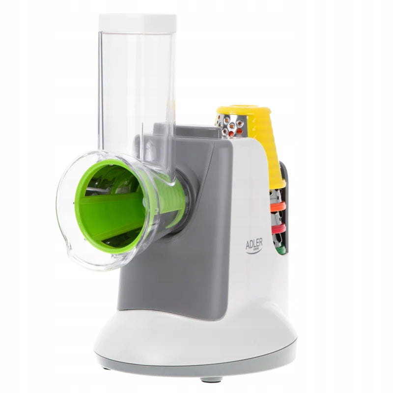 ELECTRIC SLICER FOR VEGETABLES, FRUITS, CHEESE Additional features 5 nasadek trących Bardzo mocna i precyzyjna Stopy antypoślizgowe