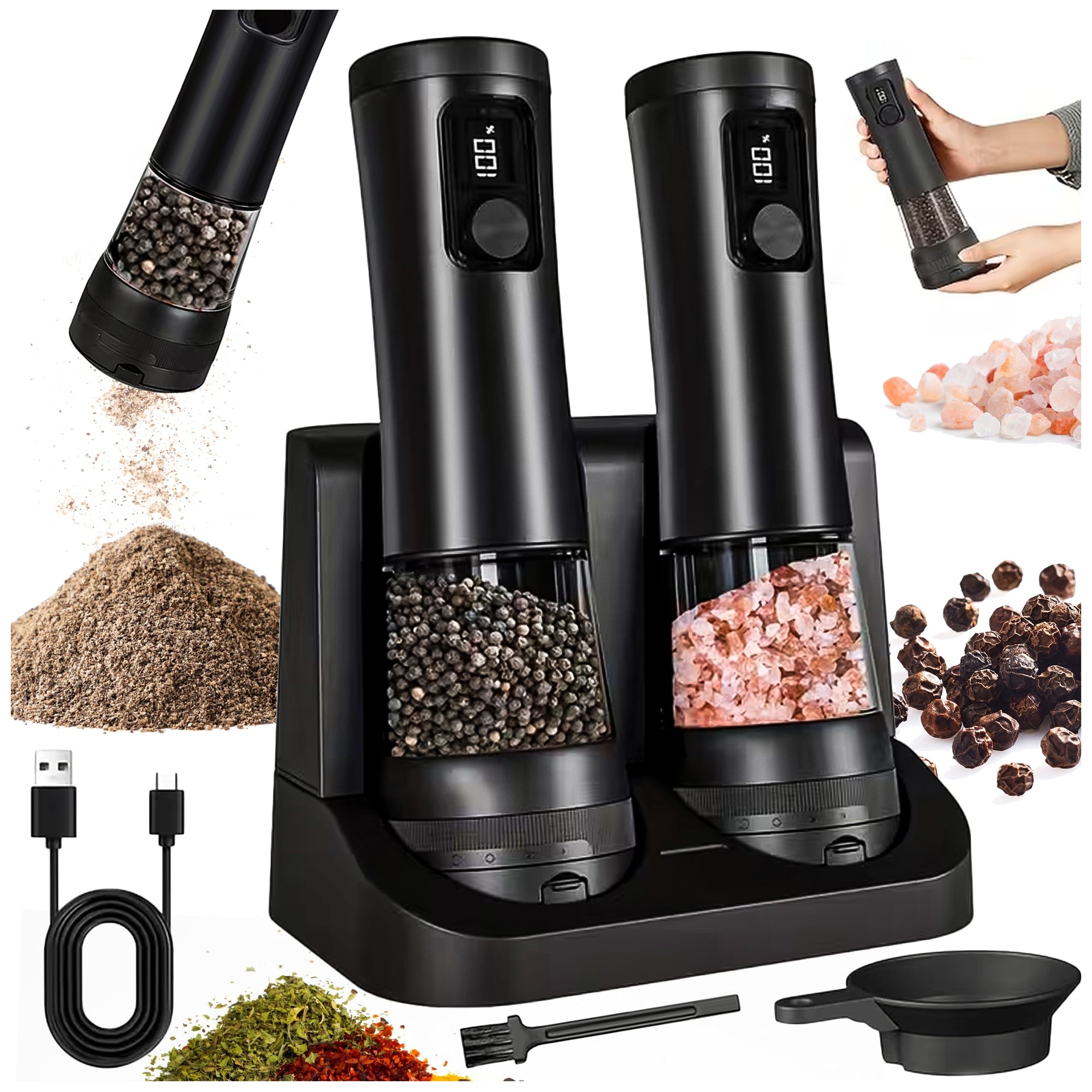 ELECTRIC SPICE PEPPER SALT GRINDER SET OF 2 USB GRINDING ADJUSTMENT Packaging status original