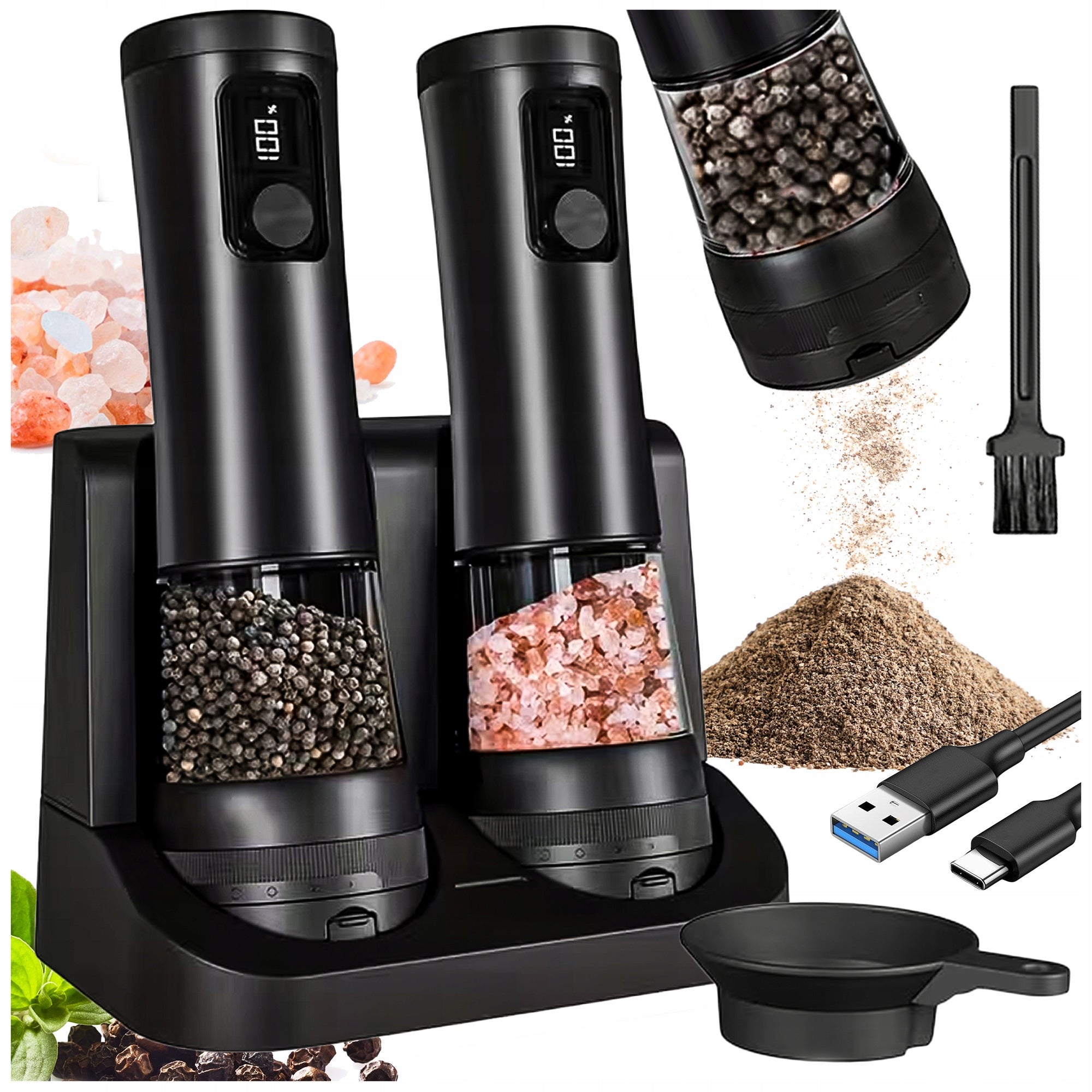 ELECTRIC SPICE PEPPER SALT GRINDER SET OF 2 USB GRINDING ADJUSTMENT