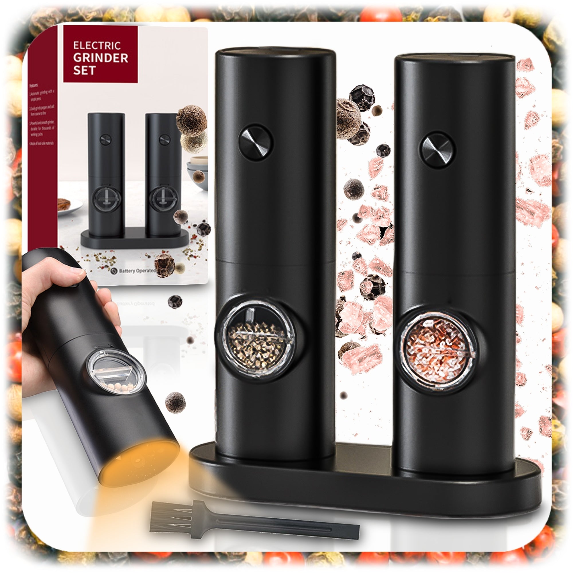 ELECTRIC SPICE PEPPER SALT GRINDER SET OF 2PCS ADJUSTABLE STAND Packaging status original