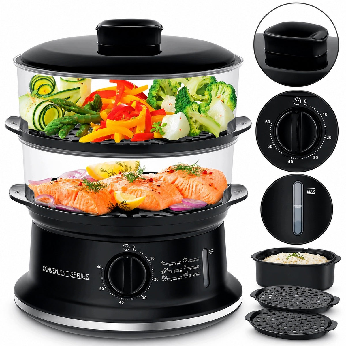 ELECTRIC STEAMER 6 L 900 IN 2 LEVELS TIMER 60 MIN COMPACT EASY WASHING