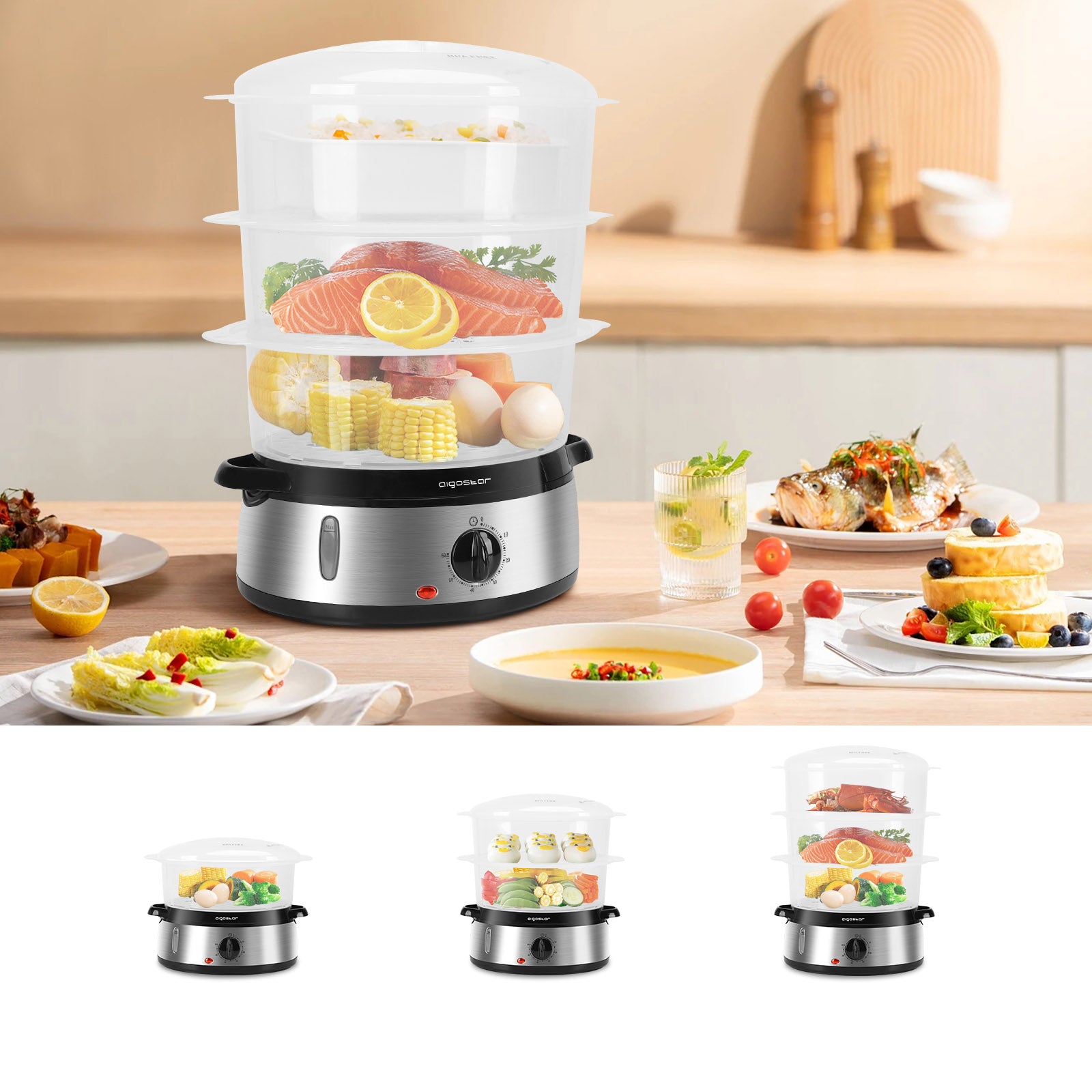 ELECTRIC STEAMER 800W 9L TIMER 3 BOWL Aigostar Packaging status original
