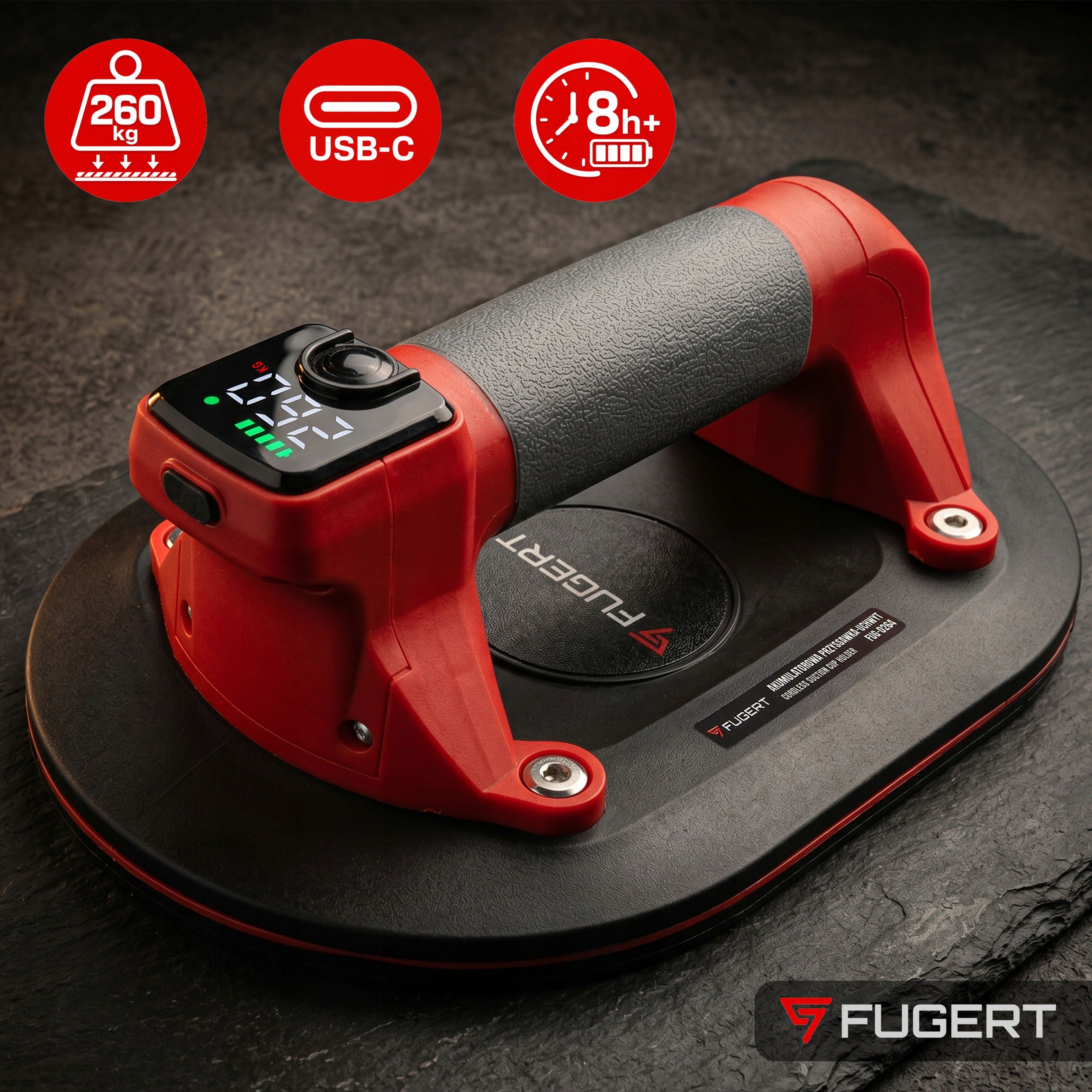ELECTRIC SUCTION CUP FOR STONEWARE TILES CORDLESS LCD UP TO 260KG FUGERT Packaging status original