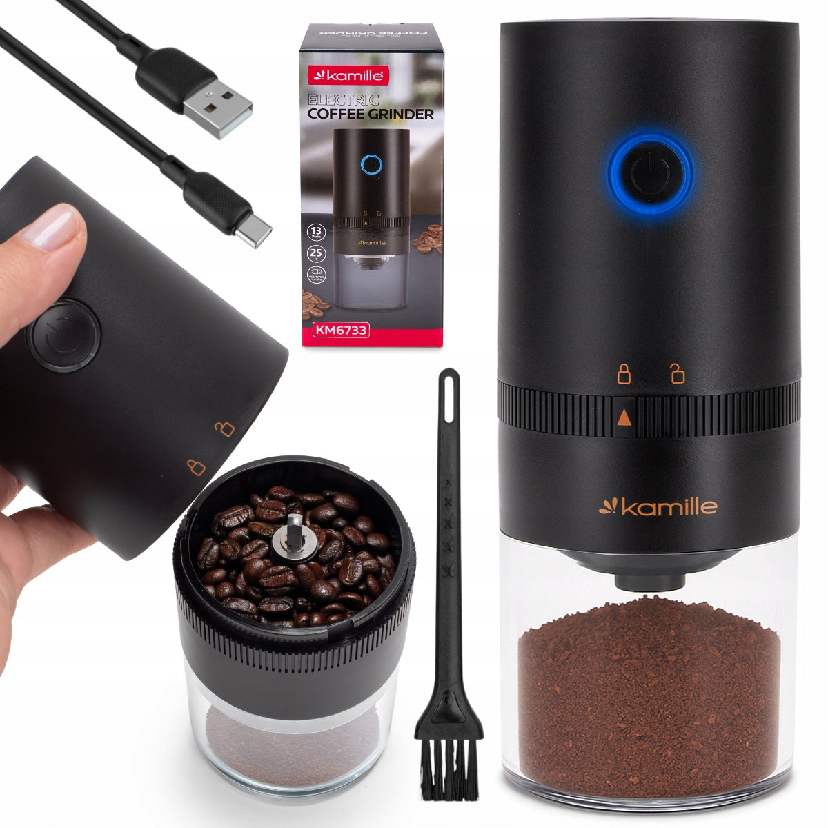 ELECTRIC WIRELESS GRINDER FOR GRINDING COFFEE INCANDESCENT TO USB KAMILLE