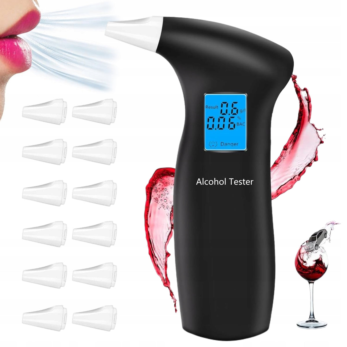 ELECTRONIC BREATHALYZER LCD DIGITAL QUICK MEASUREMENT + 12 MOUTHPIECES