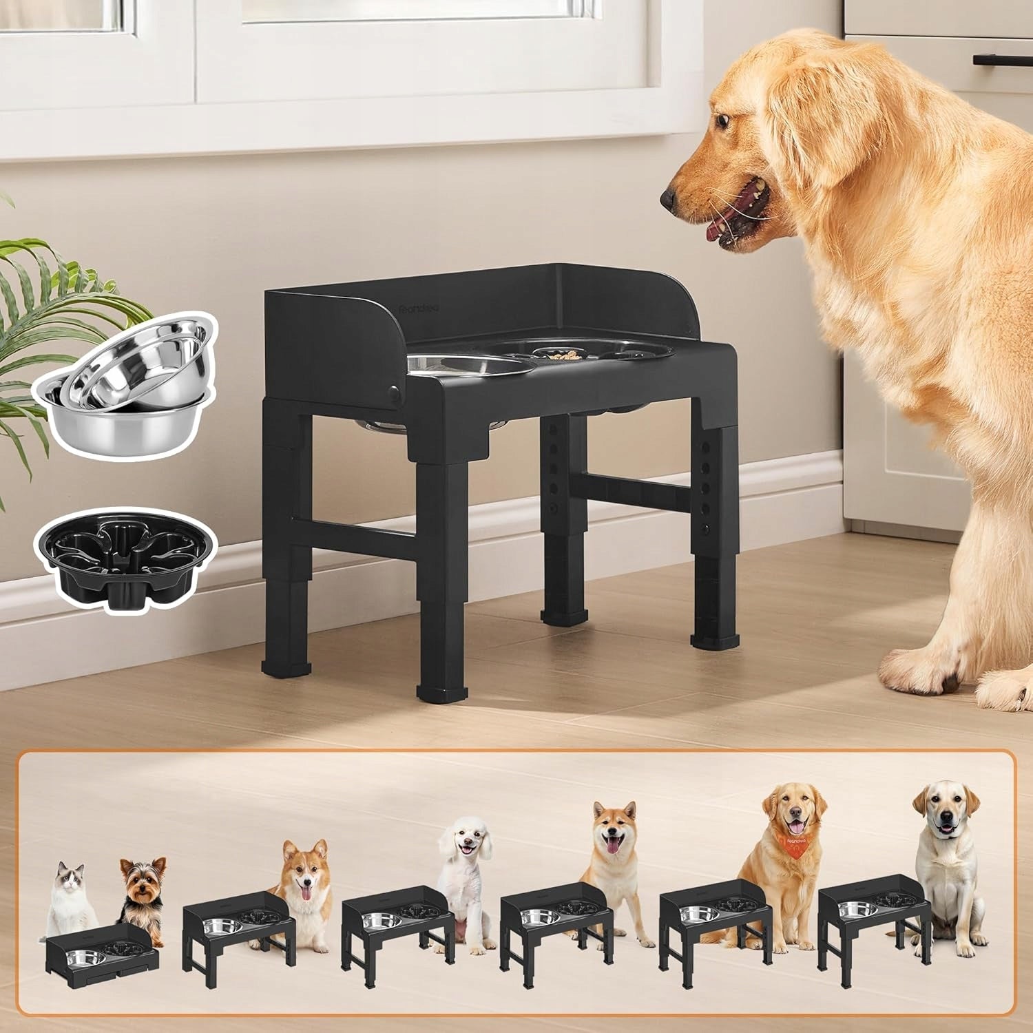 ELEVATED DOG BOWL WITH 5 ADJUSTABLE HEIGHTS, DOG BOWL Packaging status original