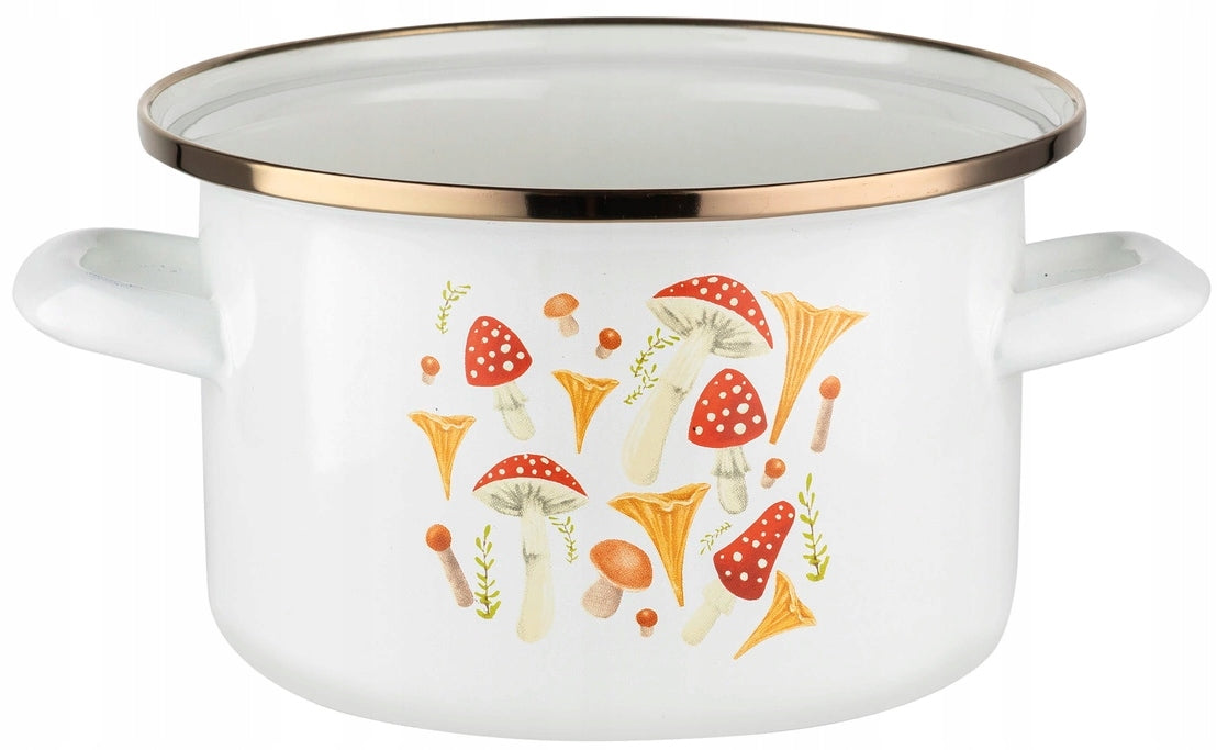ENAMEL POT EMALIA PLESZEW MUSHROOMS 22 CM INDUCTION GAS WHITE PATTERN 4,8L