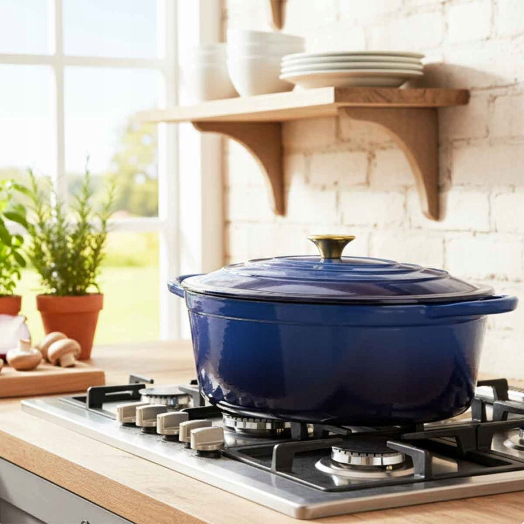ENAMELLED CAST IRON PAN GOOSEBERRY 6L HAGE BLUE Packaging status original