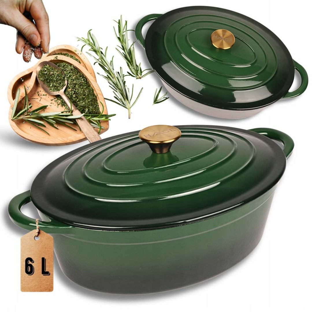 ENAMELLED CAST IRON PAN GOOSEBERRY 6L HAGE GREEN