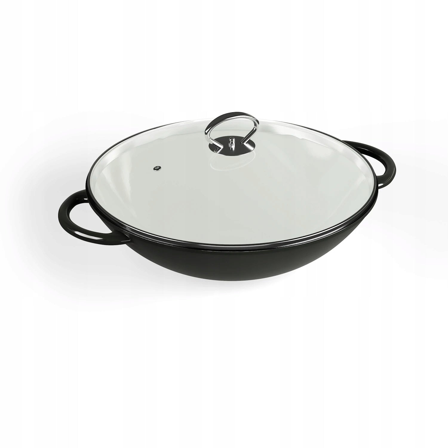ENAMELLED CAST IRON WOK WITH GLASS LID PAN 37CM HANDLES BLACK