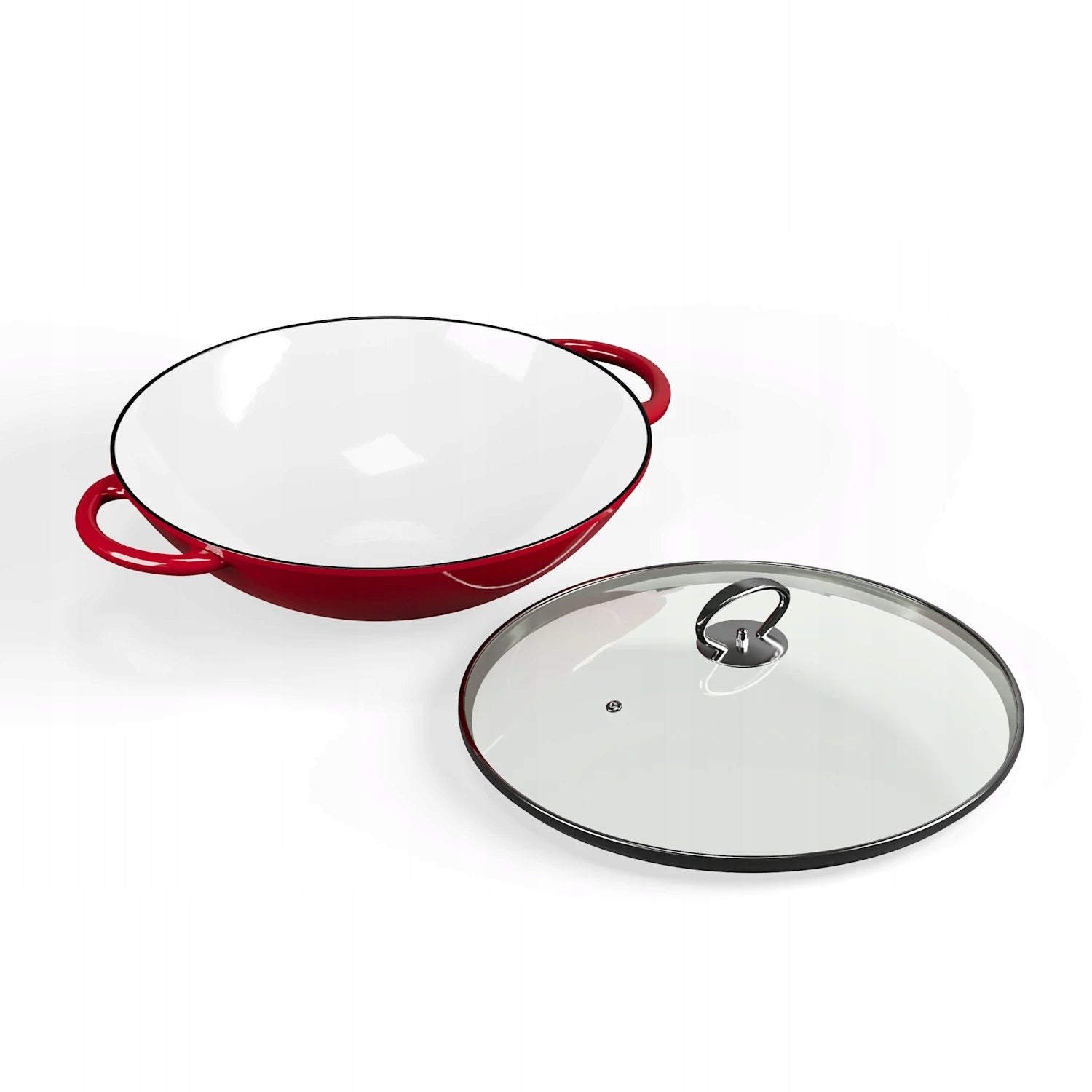 ENAMELLED CAST IRON WOK WITH GLASS LID PAN 37CM HANDLES RED Brand Klarstein