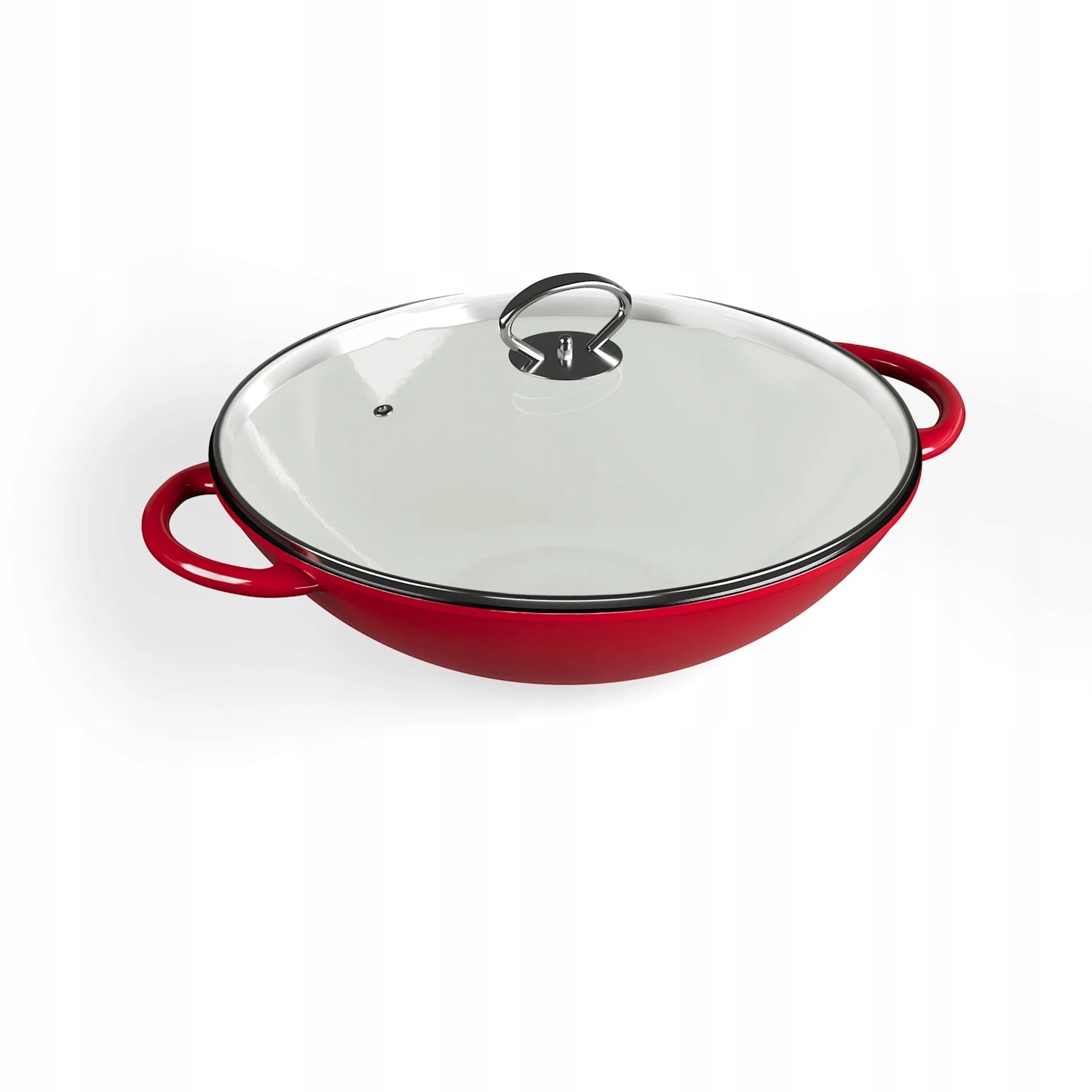 ENAMELLED CAST IRON WOK WITH GLASS LID PAN 37CM HANDLES RED