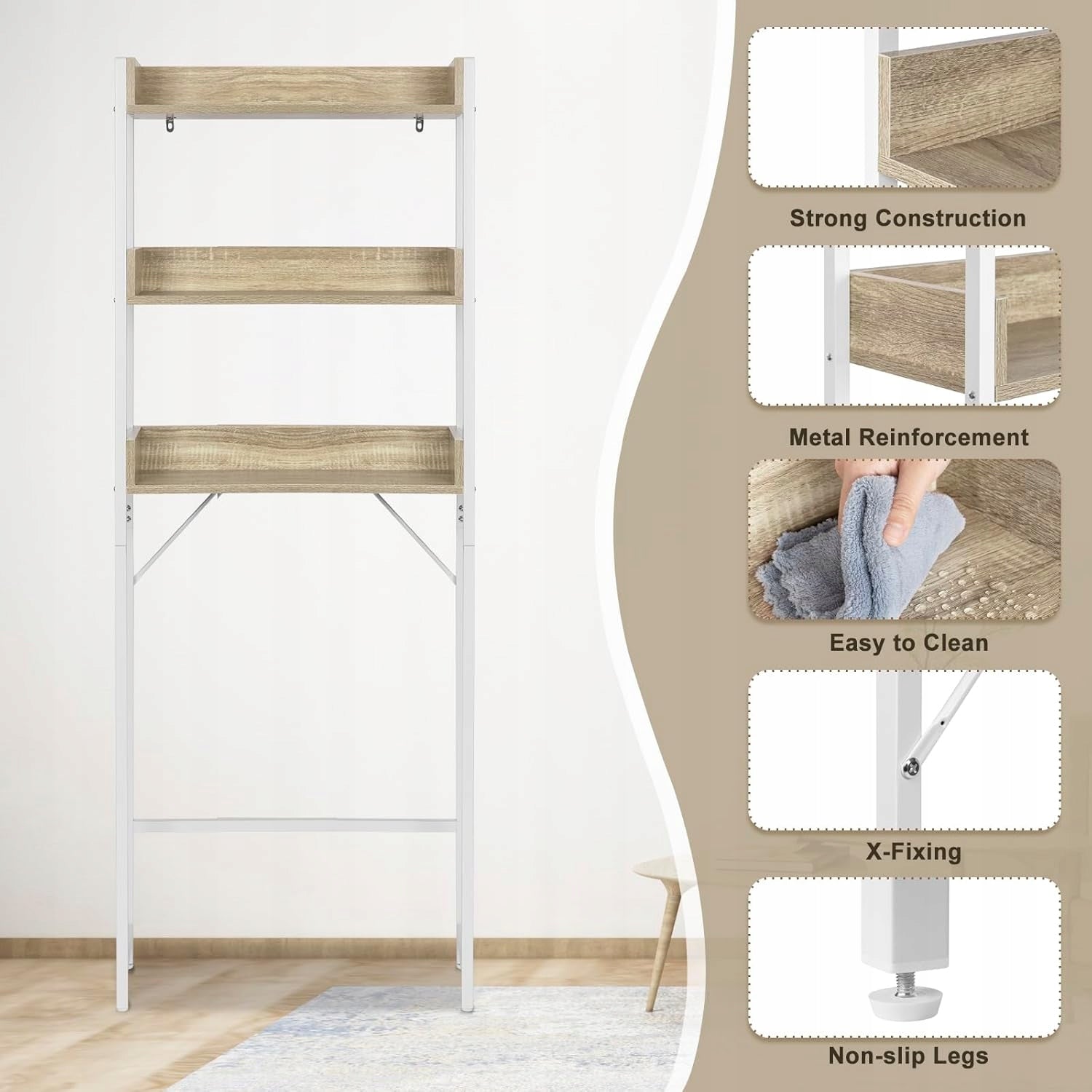 EUGAD BOOKCASE OVER WASHING MACHINE TOILET 3 HORIZONTAL CABINET BATHROOM WHITE+OAK 166 X 63 X 25 Brand Woltu