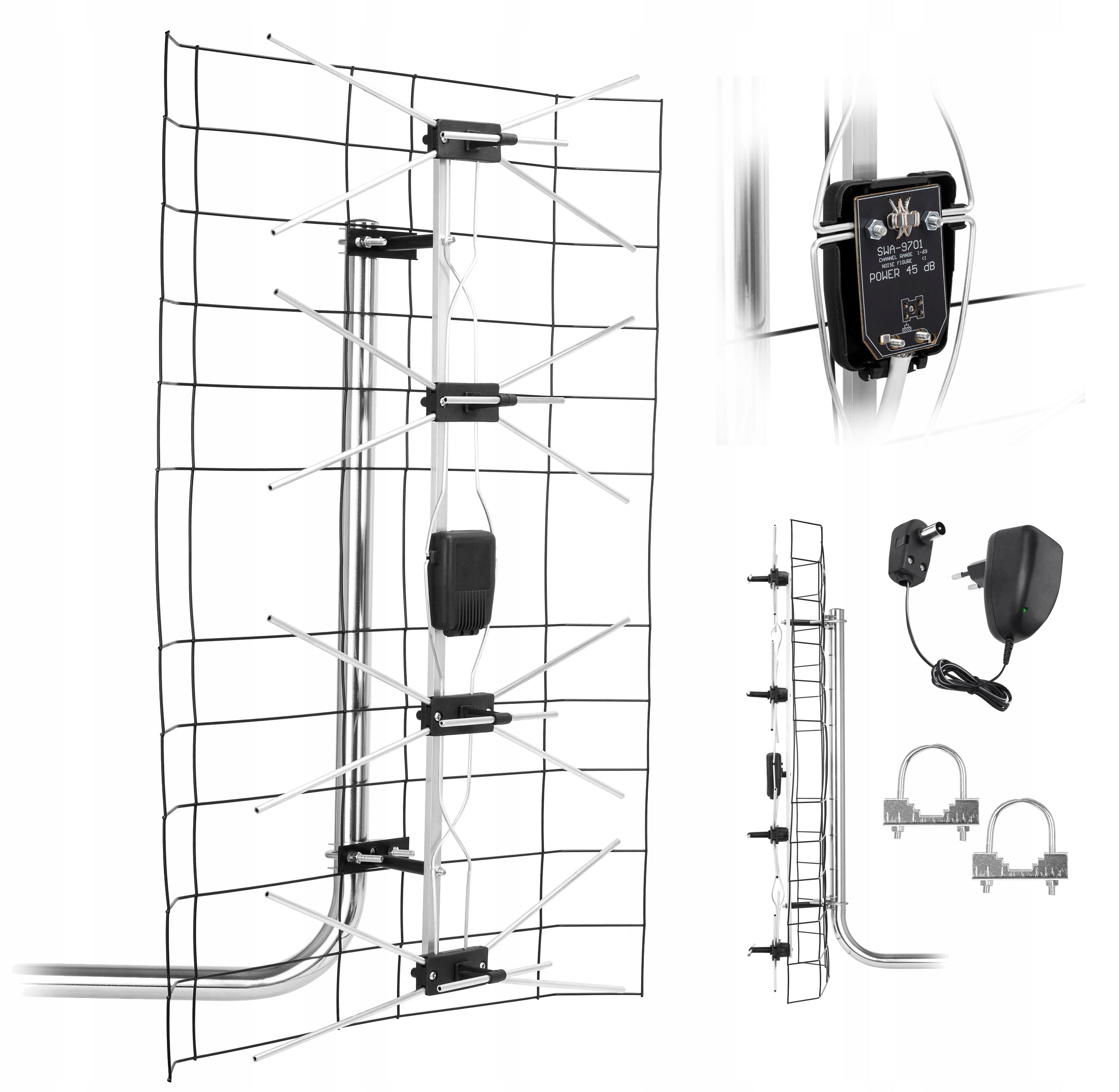 EXTERNAL MESH ANTENNA MONTIS MT198 DVB-T2 MUX8 AMPLIFIER POWER SUPPLY