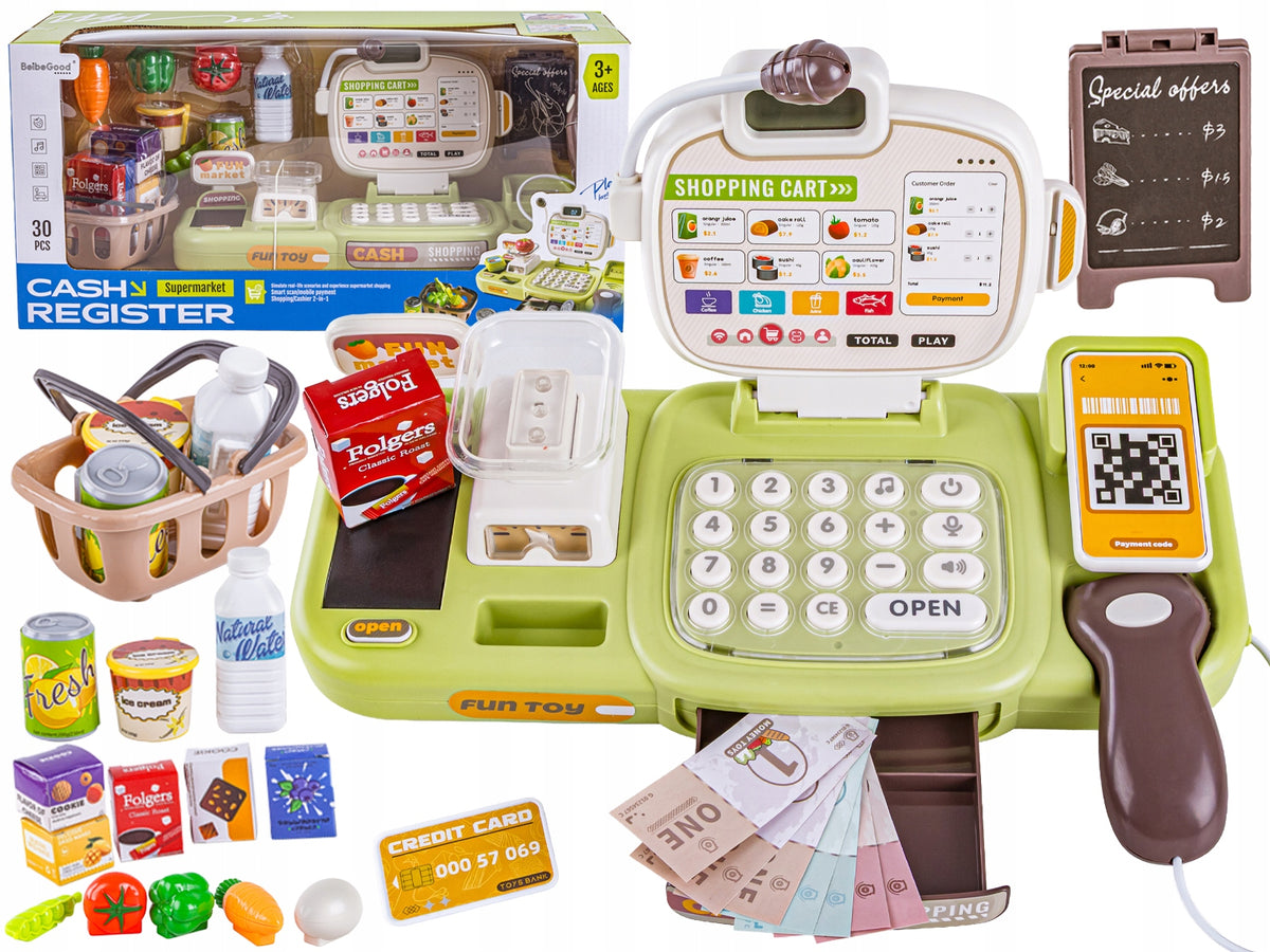 Educational Cash Register Fiscal Shop Microphone Weight Basket Code Reader 30 El.