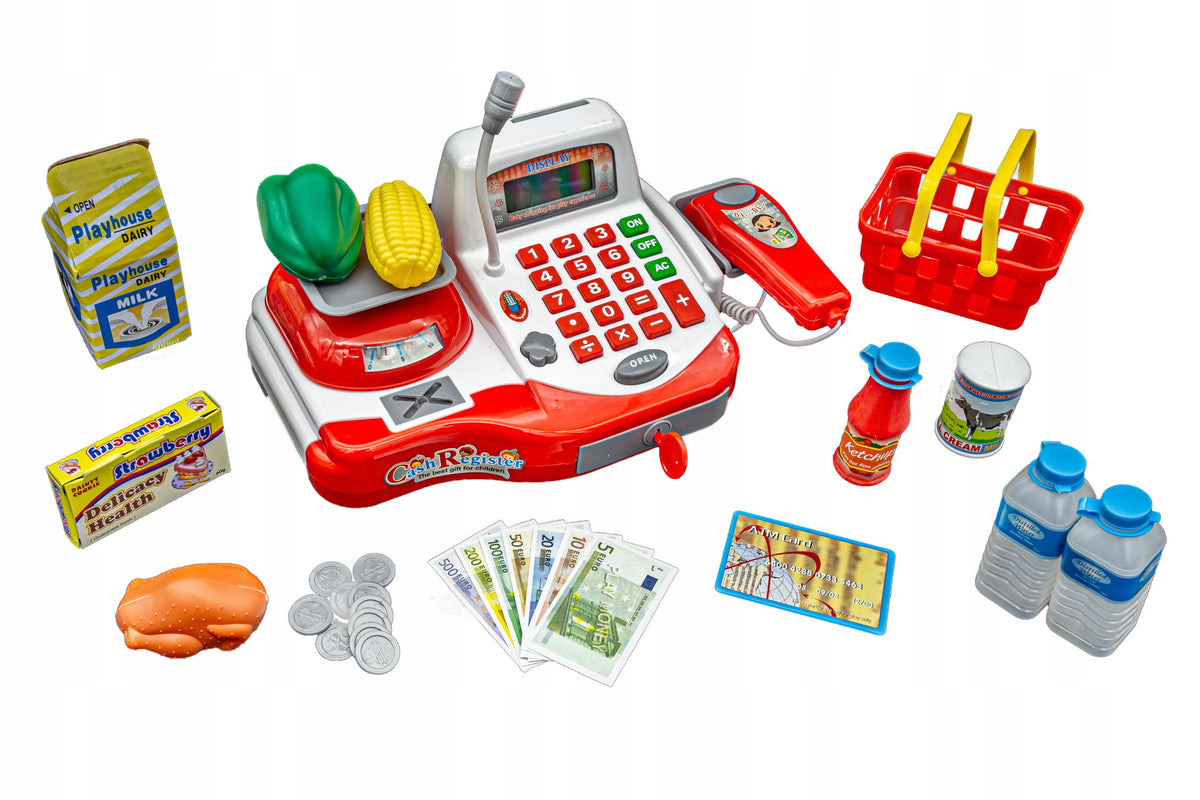 Educational Shop Cash Register Fiscal Products Coins Scanner Basket Microphone Color red