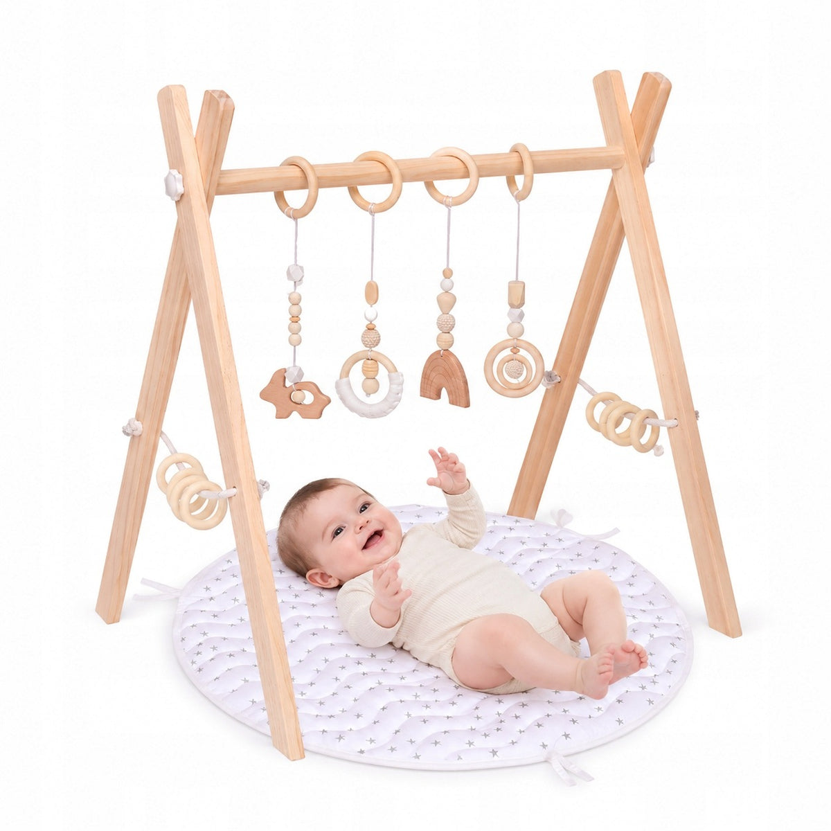 Educational Stand Wooden Baby Gym Mat + 4 Pendants Montessori Wheels