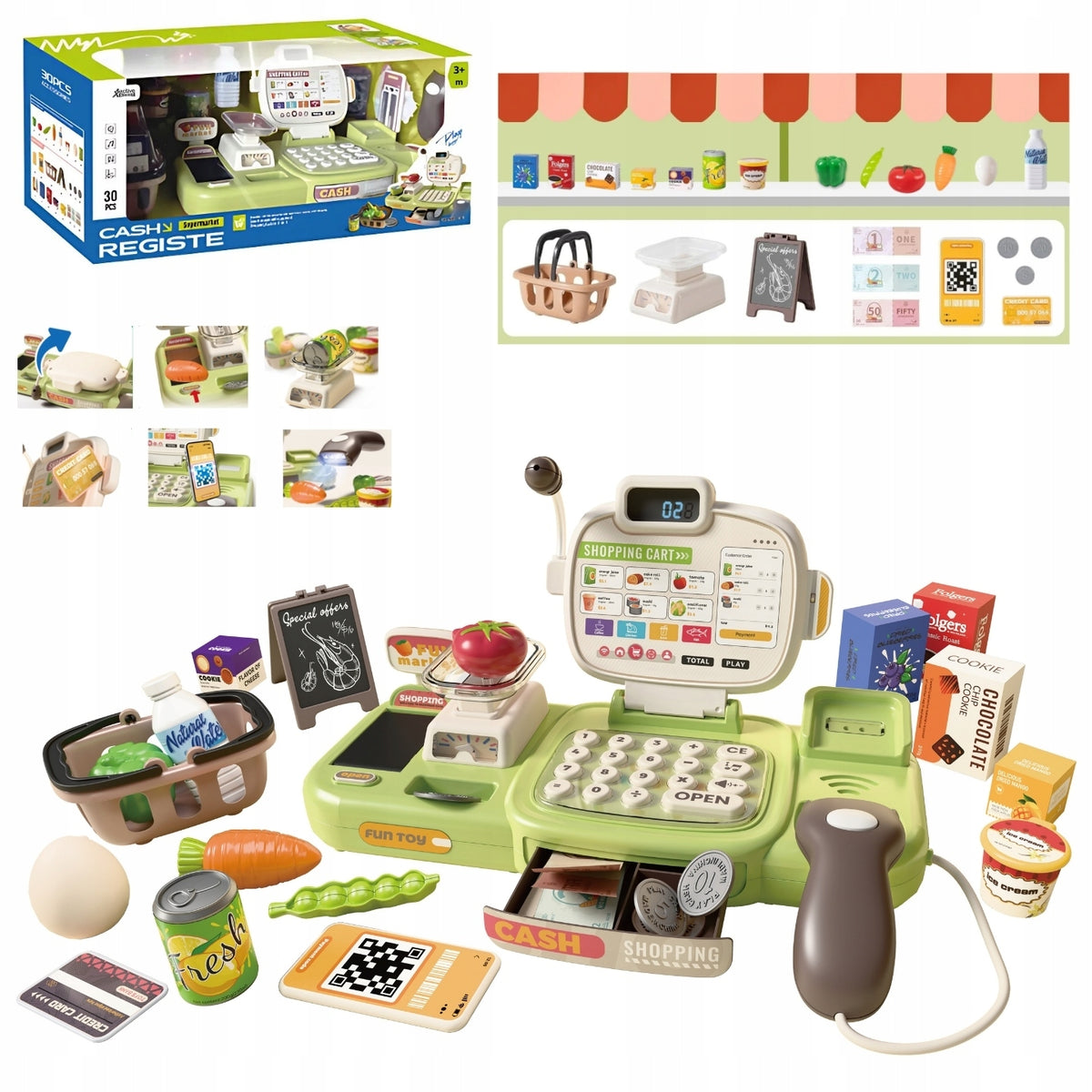 Educational Toy for Kids Shop Cash Register Fiscal Weight Scanner Microphone+30el
