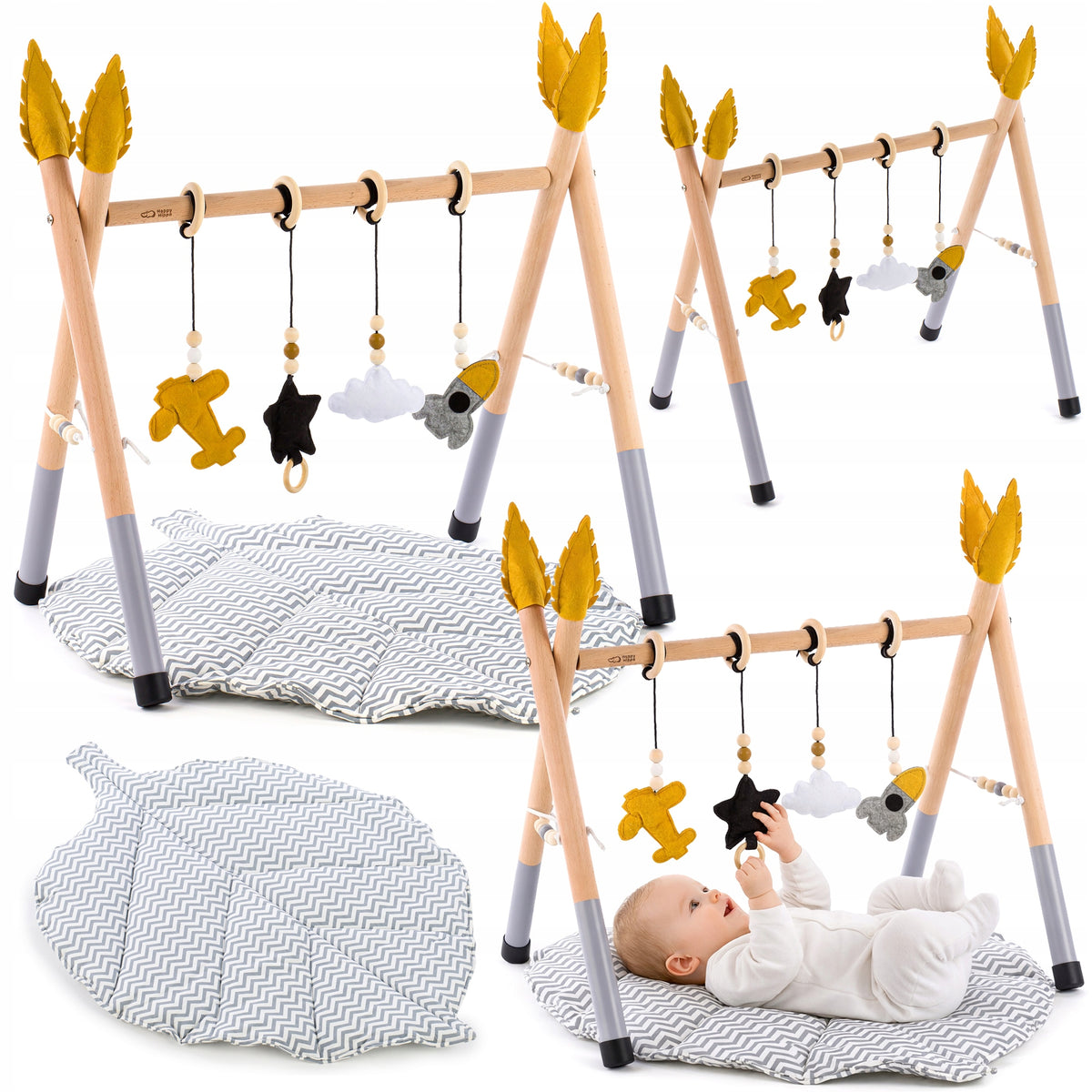 Educational stand for baby boy wooden Baby GYM mat leaf grey