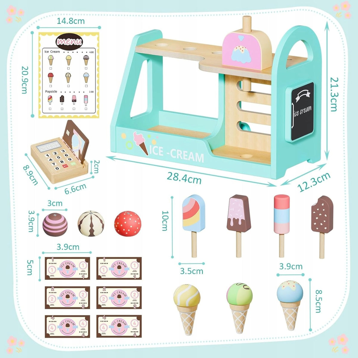 Educational toy ice cream parlor wooden shop montessori set Manufacturer code Zabawka edukacyjna lodziarnia drewniana sklep