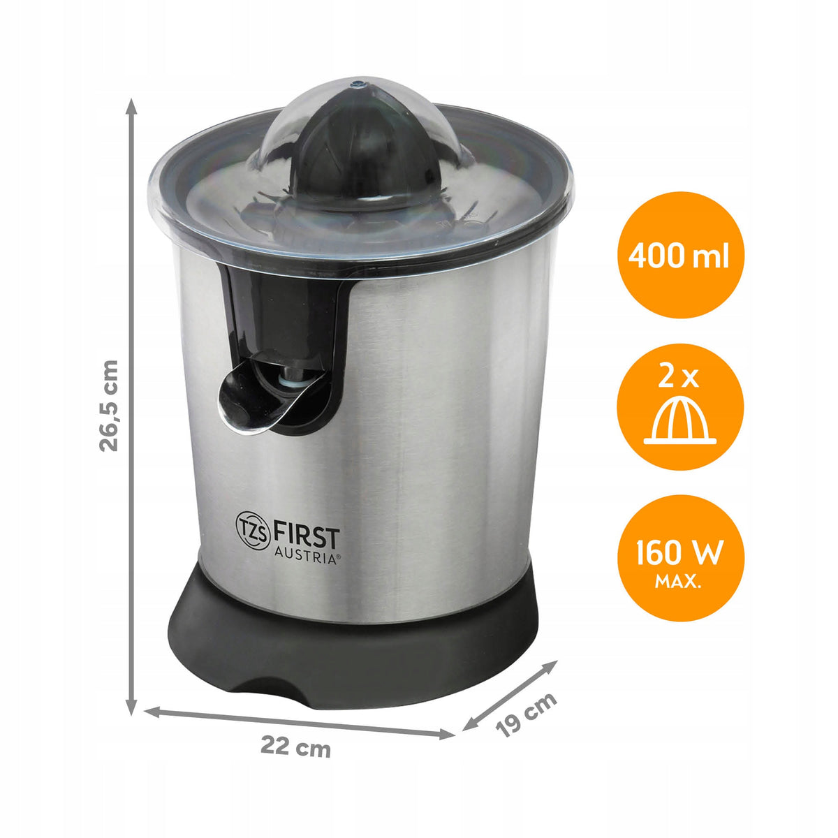 Electric Fruit Citrus Juicer TZS First Austria 2 Modes 160W Packaging status original