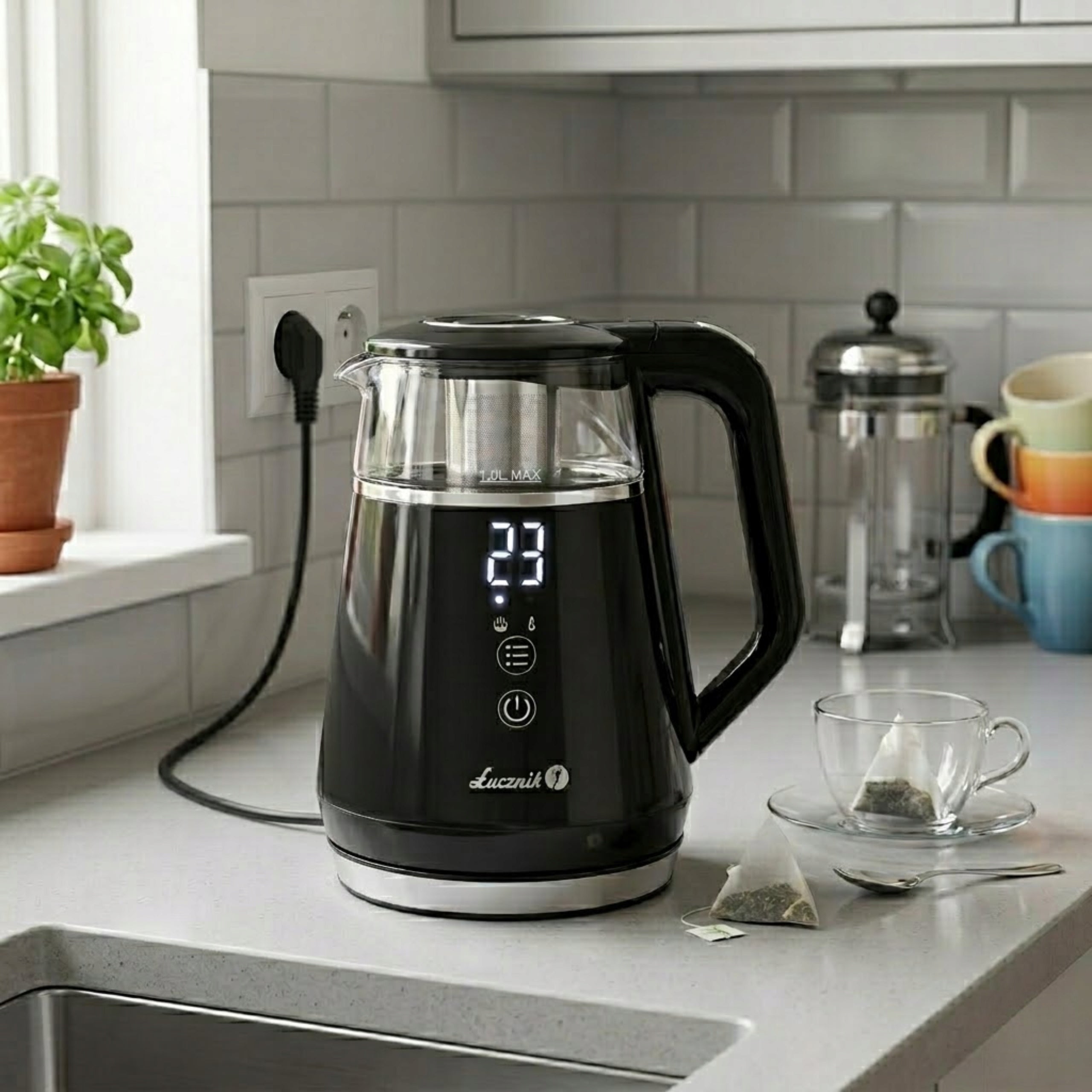 Electric Glass Kettle with Temperature Control ŁUCZNIK 1L Small Black Packaging status original
