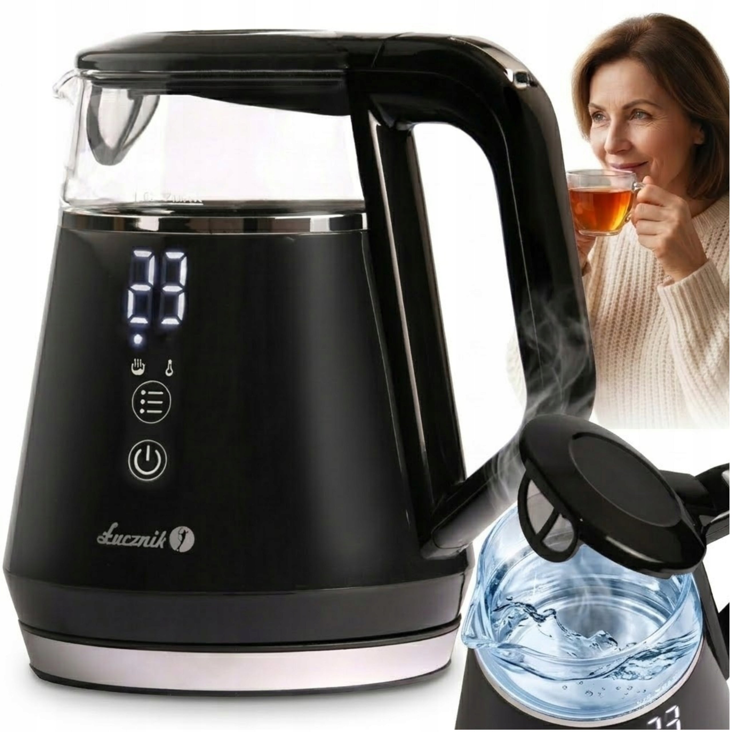 Electric Glass Kettle with Temperature Control ŁUCZNIK 1L Small Black