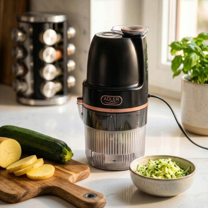 Electric Grater for Potatoes Fruit Vegetable Cutter 4 Caps 900ml Packaging status original