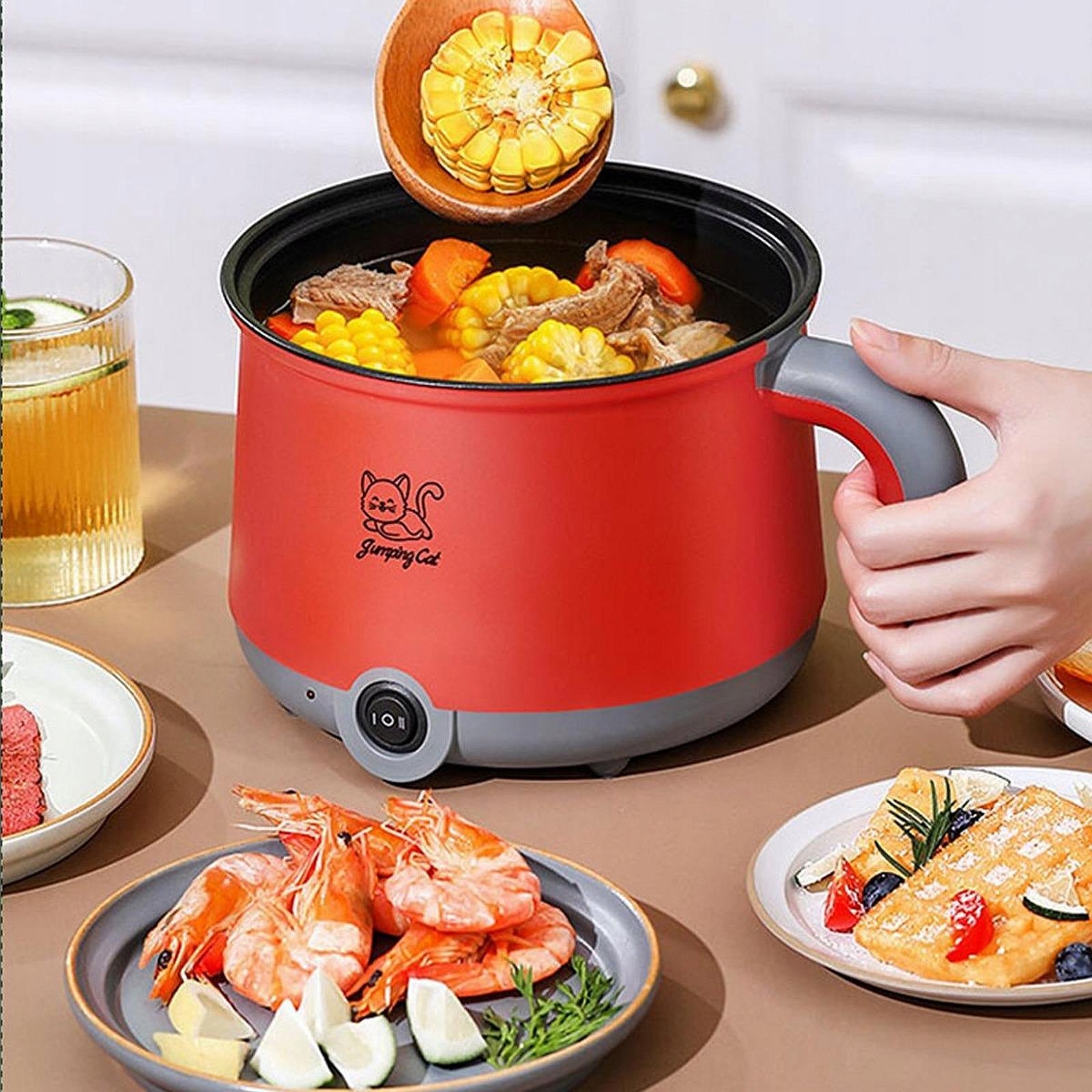 Electric Hot Pot Noodles Pot with Steamer, Multifunctional, Gray Red Packaging status original