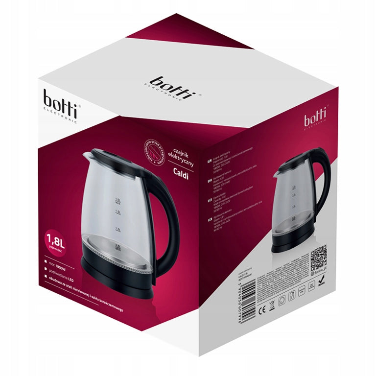 Electric Kettle Glass Backlight LED Stainless Steel 1,8L Black Brand Botti