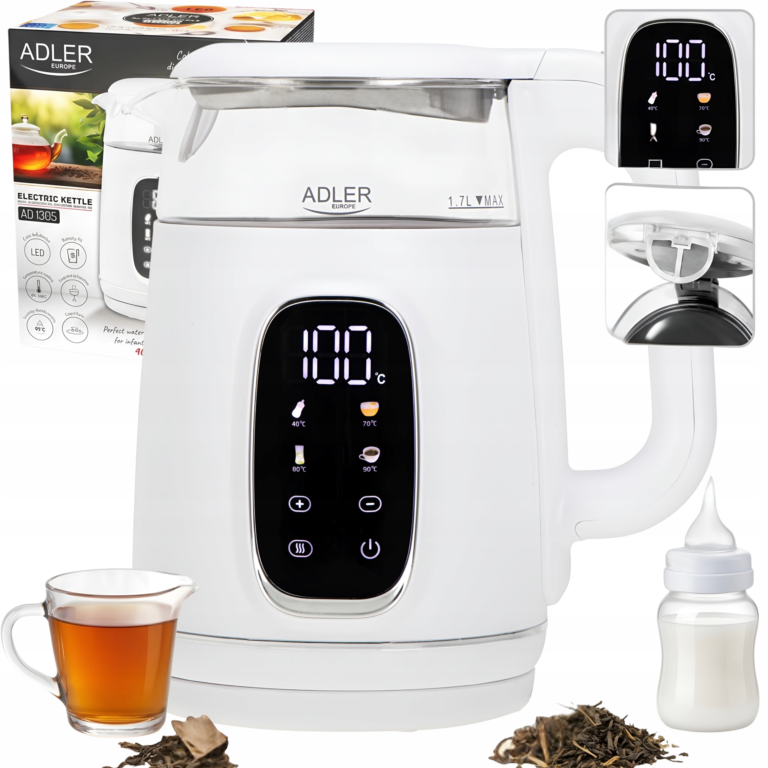 Electric Kettle Glass LED 1,7L 2200W Temperature Control Adler