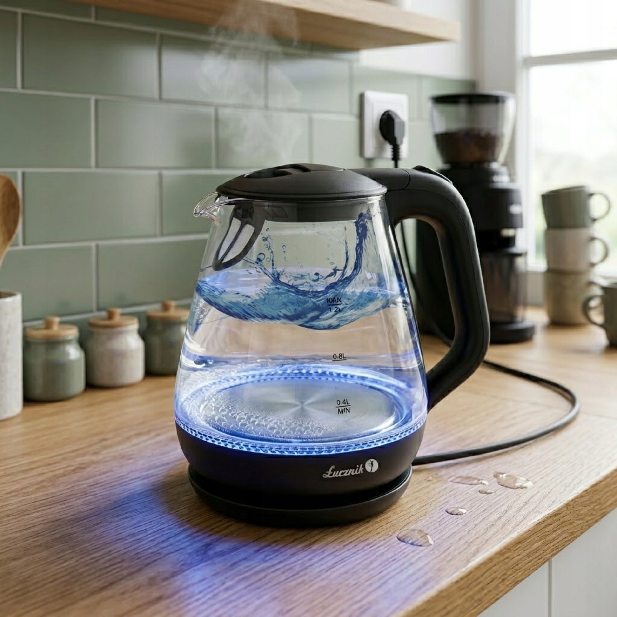 Electric Kettle Glass Small Tourist ŁUCZNIK 1,2L 1630W LED Black Packaging status original