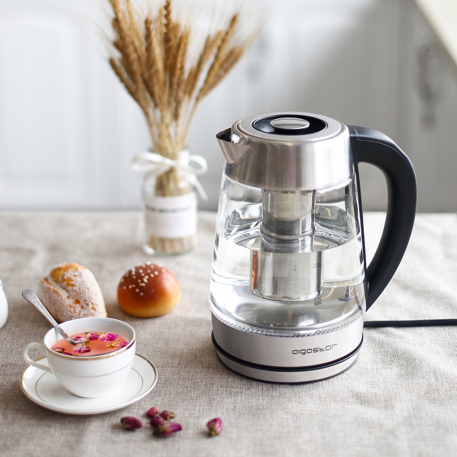 Electric Kettle Glass with Adjustable Temperature 1,7L 2200 W Silver Brand Aigostar