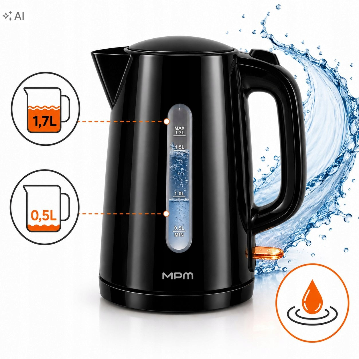 Electric Kettle MPM MCZ-133 1,7L 2200W Filter Base 360° black strong Packaging status original