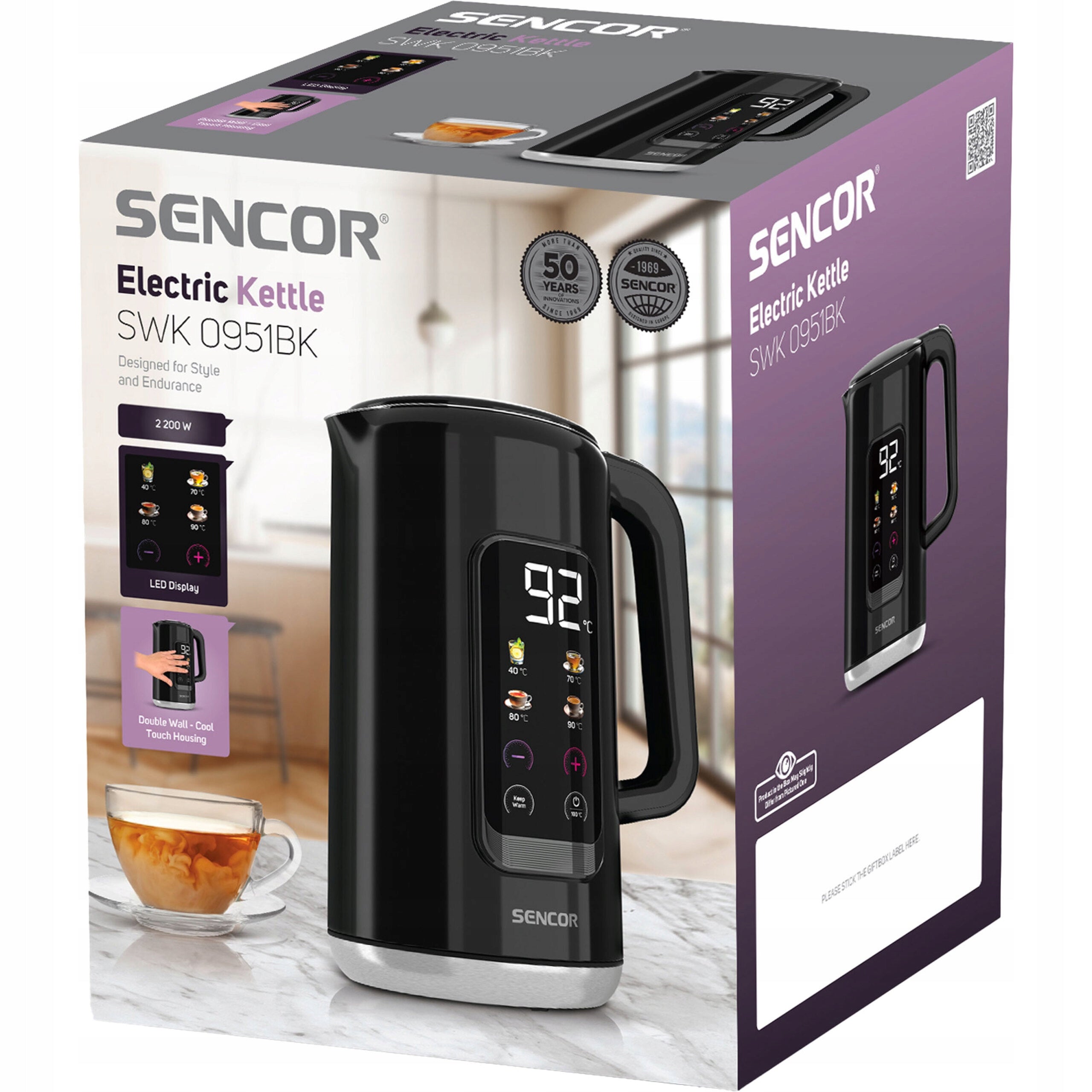 Electric Kettle Sencor SWK 0951BK 1,7Liter LED Display 2200W Black Packaging status original