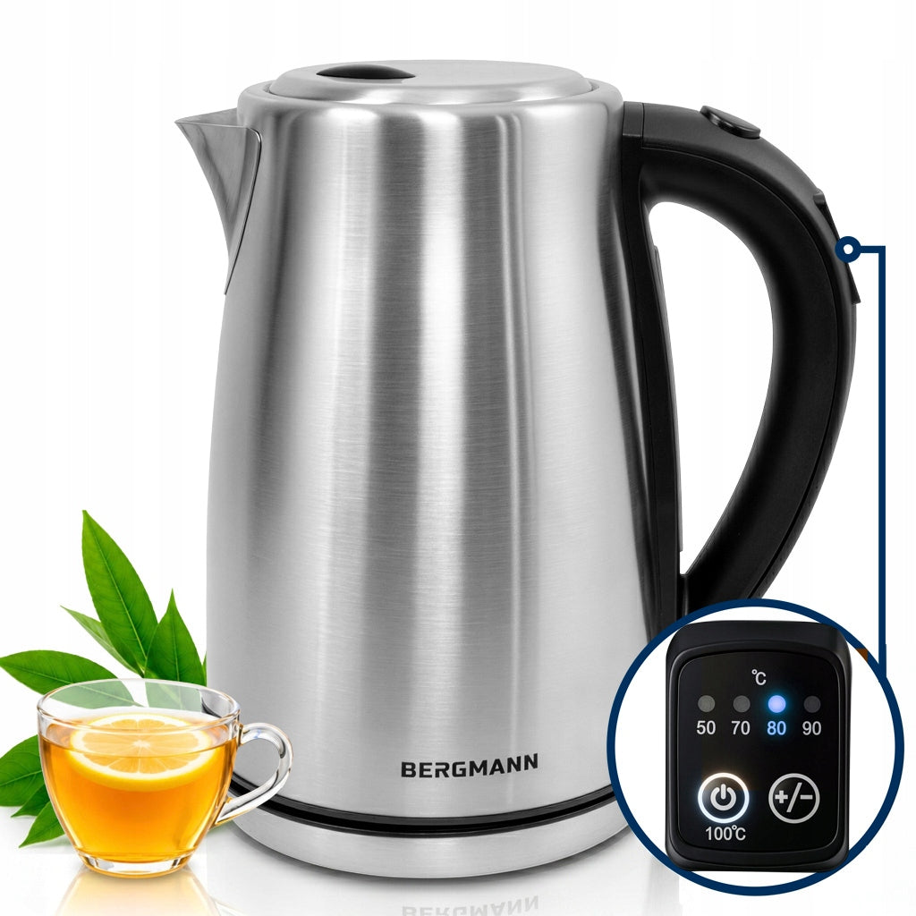 Electric Kettle Stainless Steel BERGMANN 1,7L 2200W Adjustable Silver