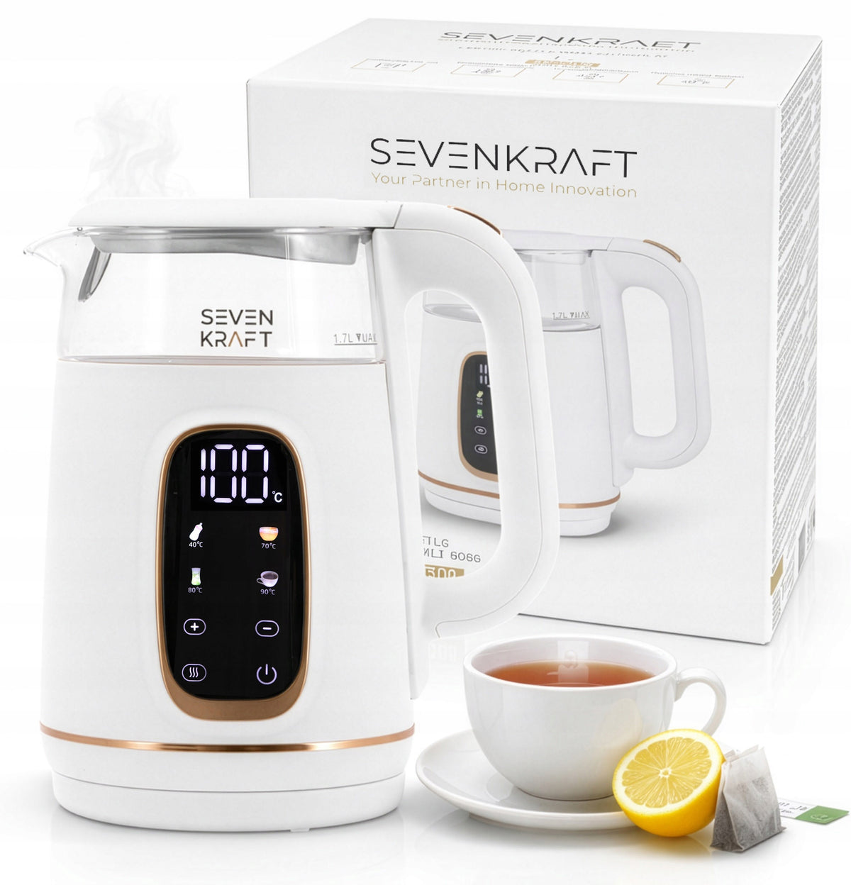 Electric Kettle with Adjustable Temperature 1.7L LED Touch Panel White
