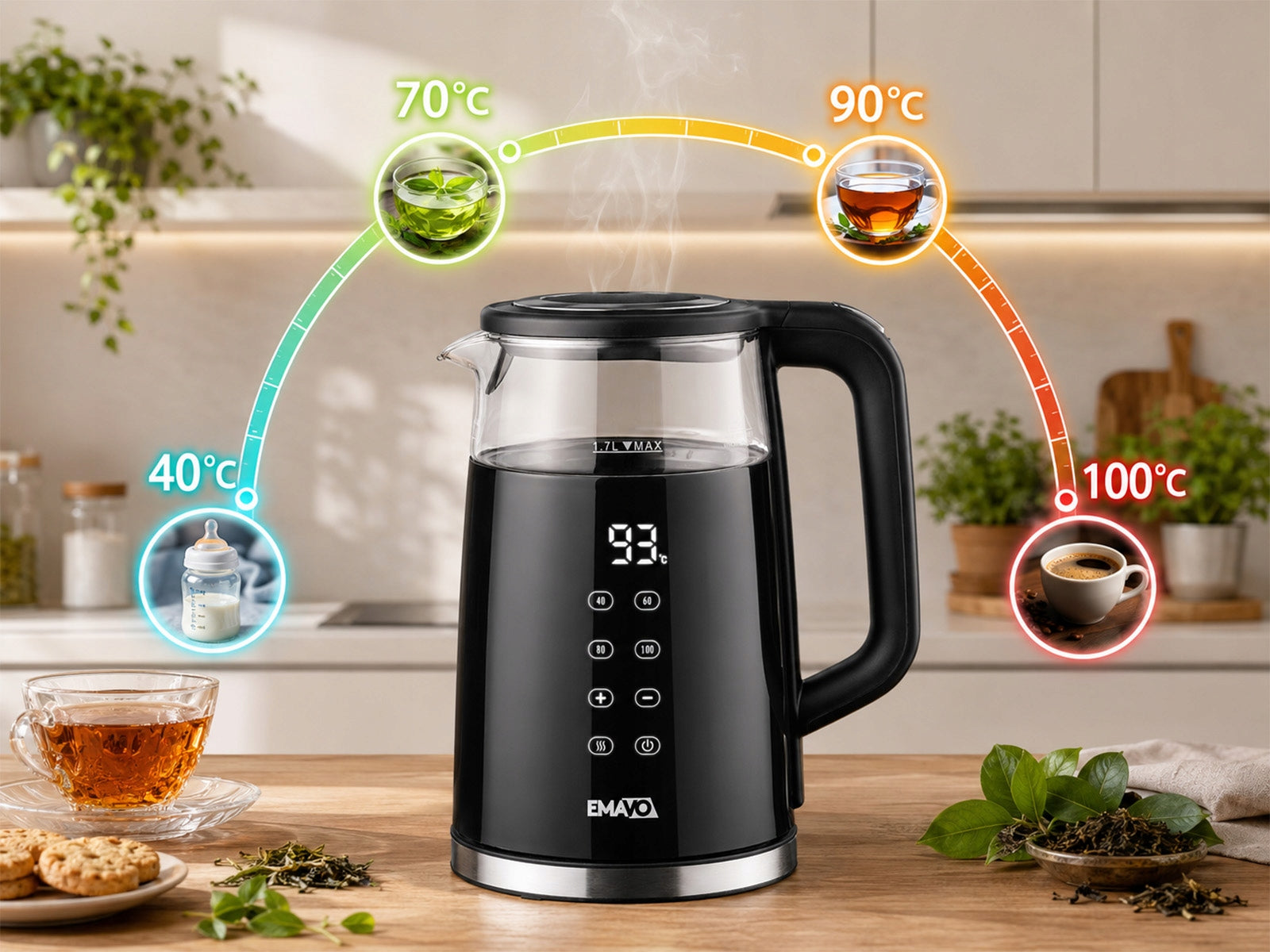 Electric Kettle with Adjustable Temperature Wireless Glass 1,7 2200W Packaging status original